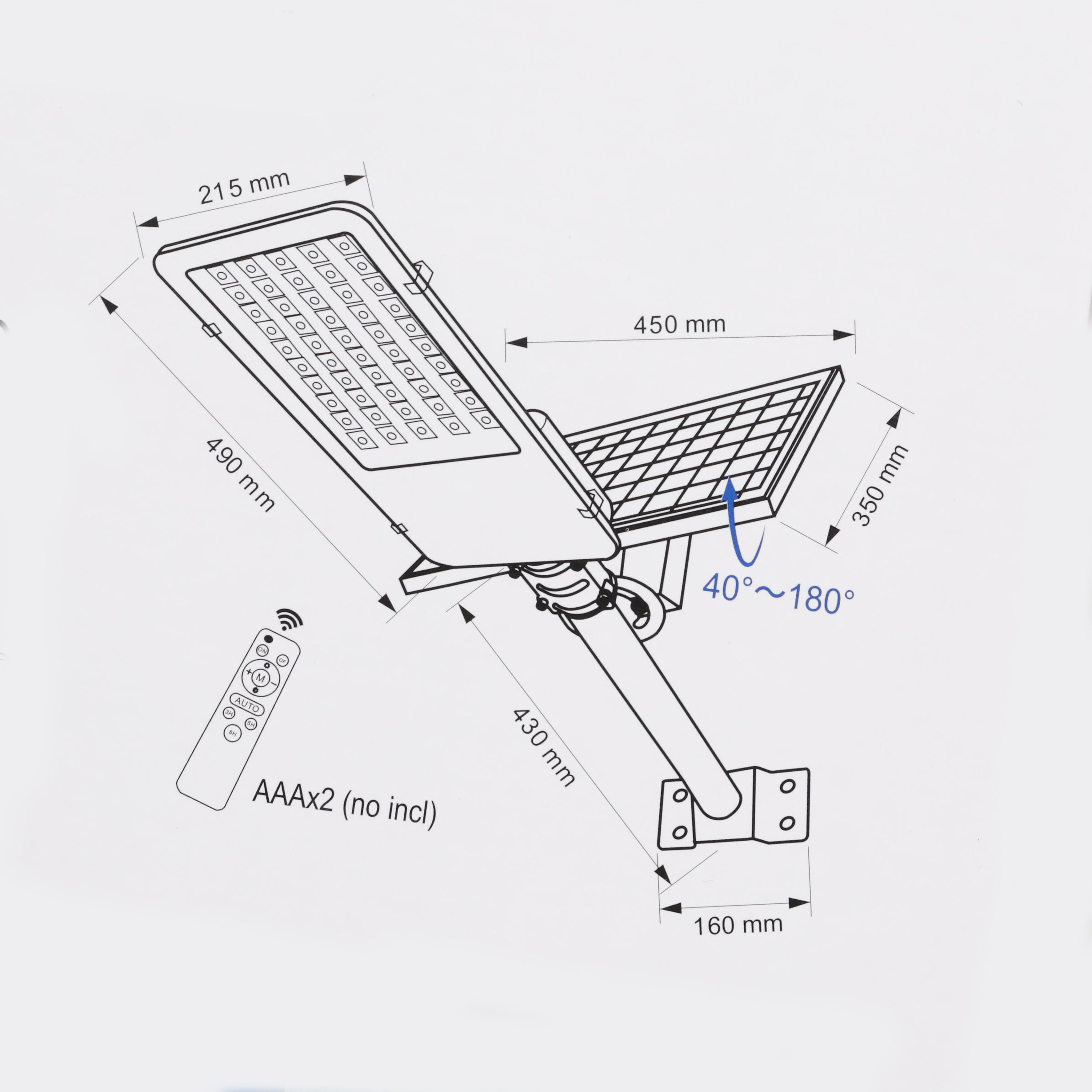 ExtraStar Remote Control Solar Street Lamp 6500k LED 115 W 1400 Lumen Cold Light Day/Night Sensor
