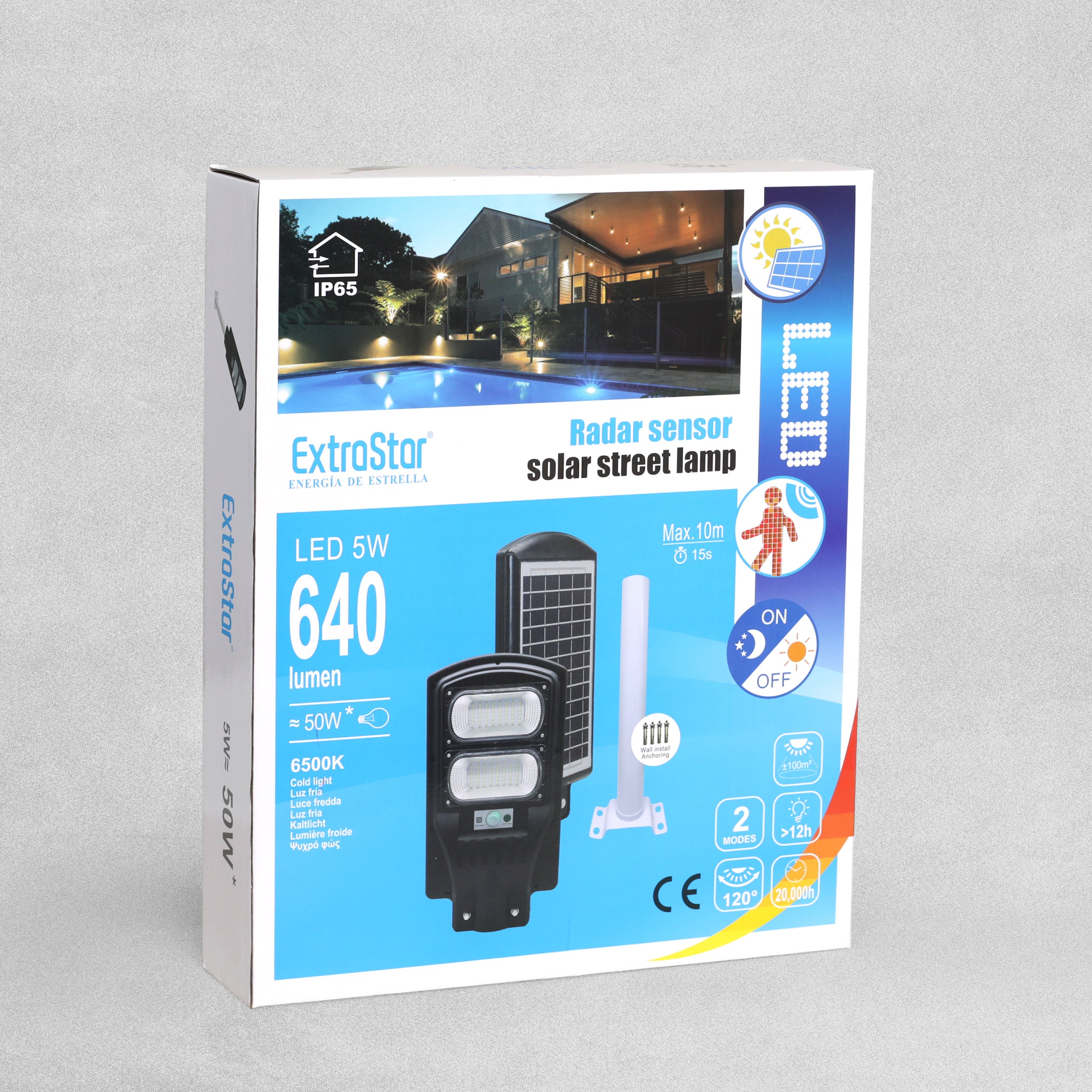 ExtraStar Radar Sensor Solar Street Lamp 6500k LED 5W 640 Lumen Cold Light Black