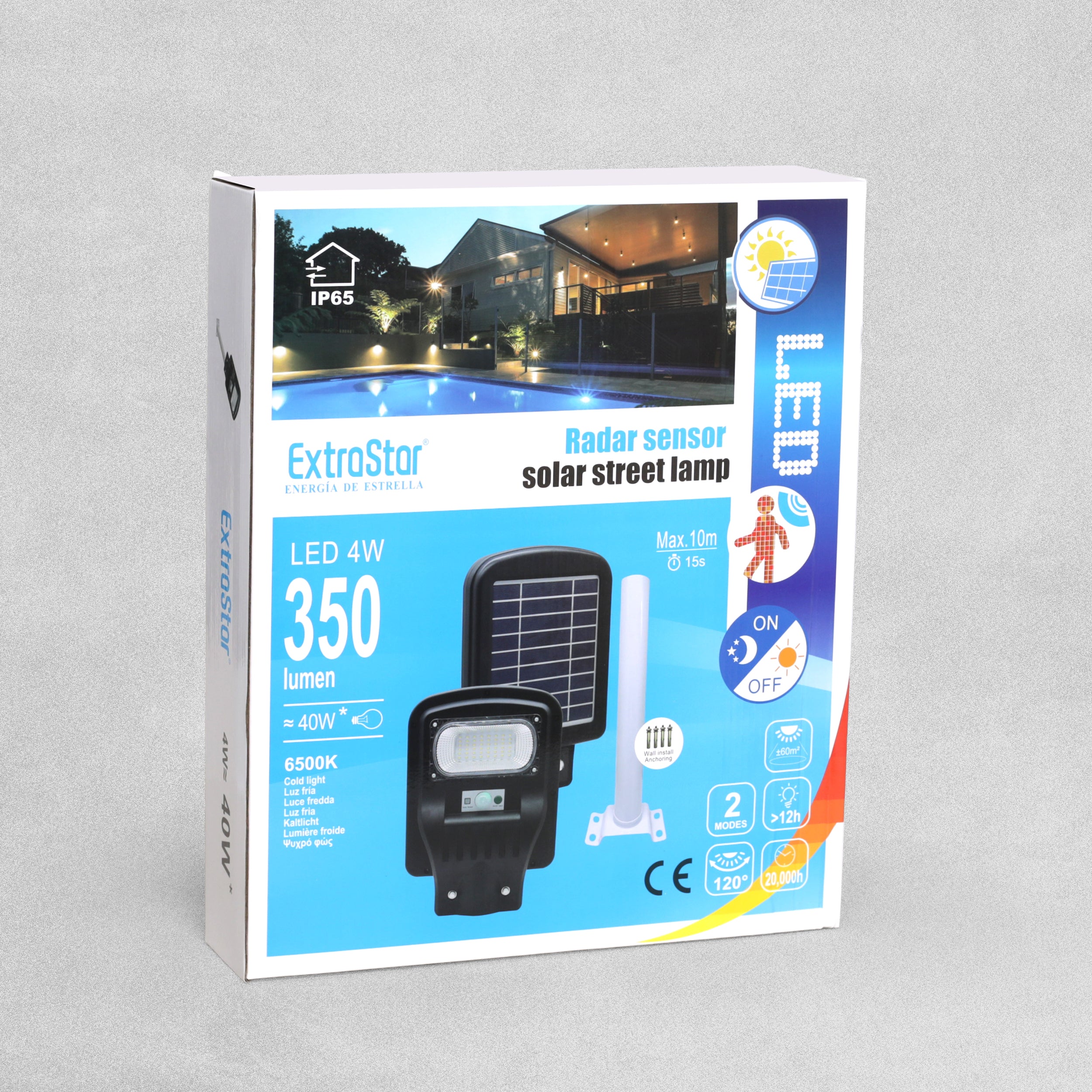 ExtraStar Radar Sensor Solar Street Lamp 6500k LED 40 W 350 Lumen Cold Light Black