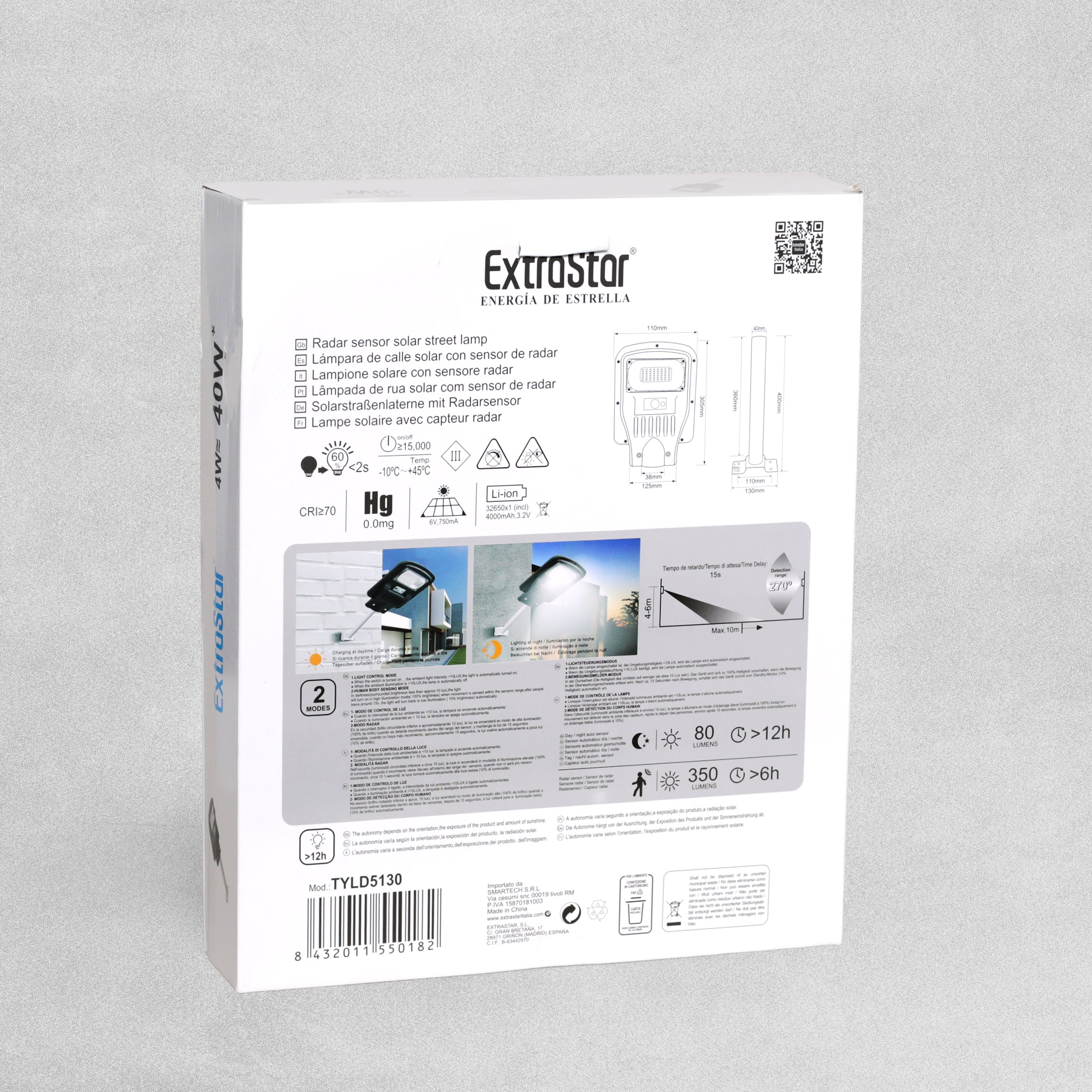 ExtraStar Radar Sensor Solar Street Lamp 6500k LED 40 W 350 Lumen Cold Light Black