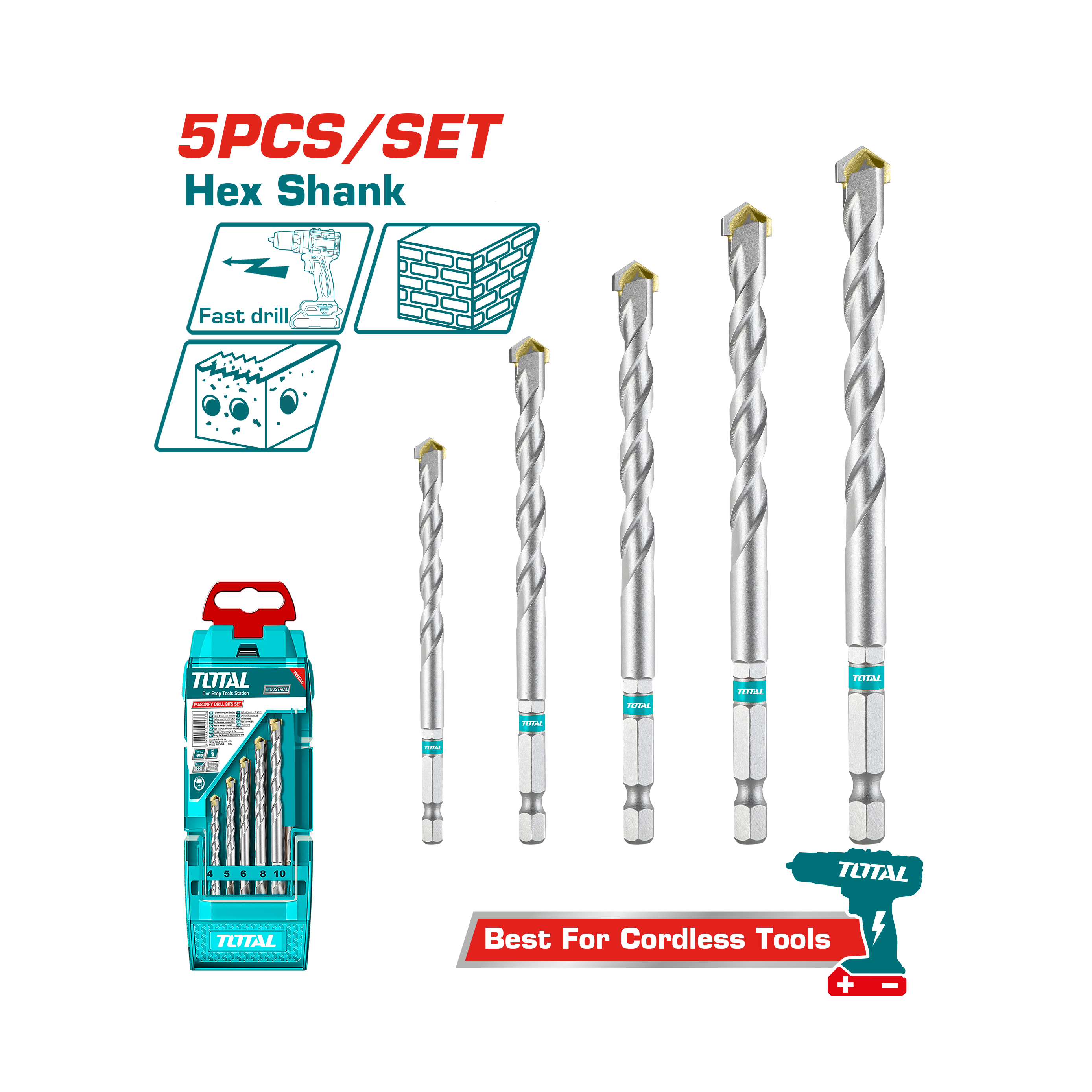 Total Masonry Drill Bits Set 5pcs - TACSD6055