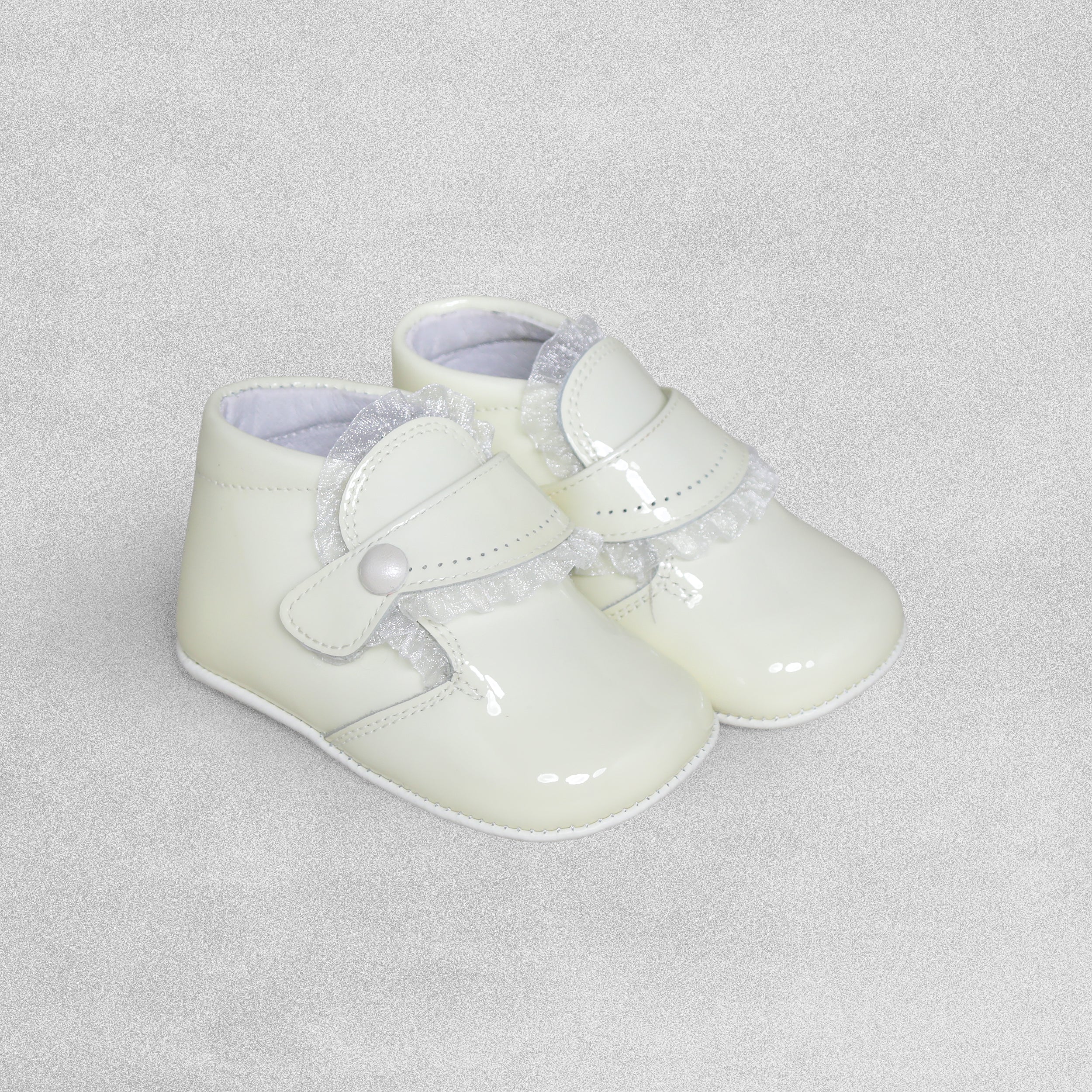 Shoeting Stars Cream Patent Leather Bootie with Frill detail