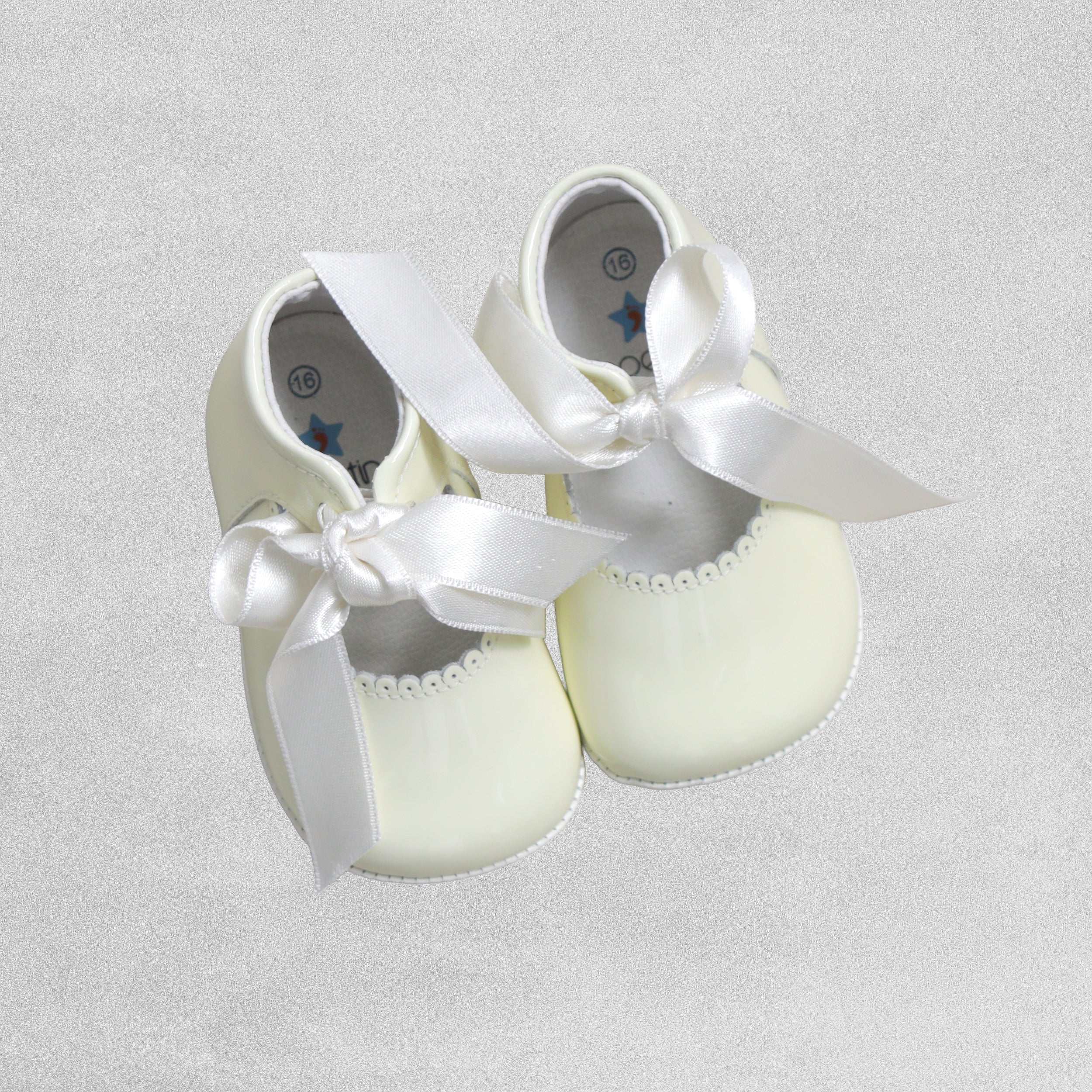 Shoeting Stars Cream Patent Leather Bootie with ribbon tie (rubber sole)