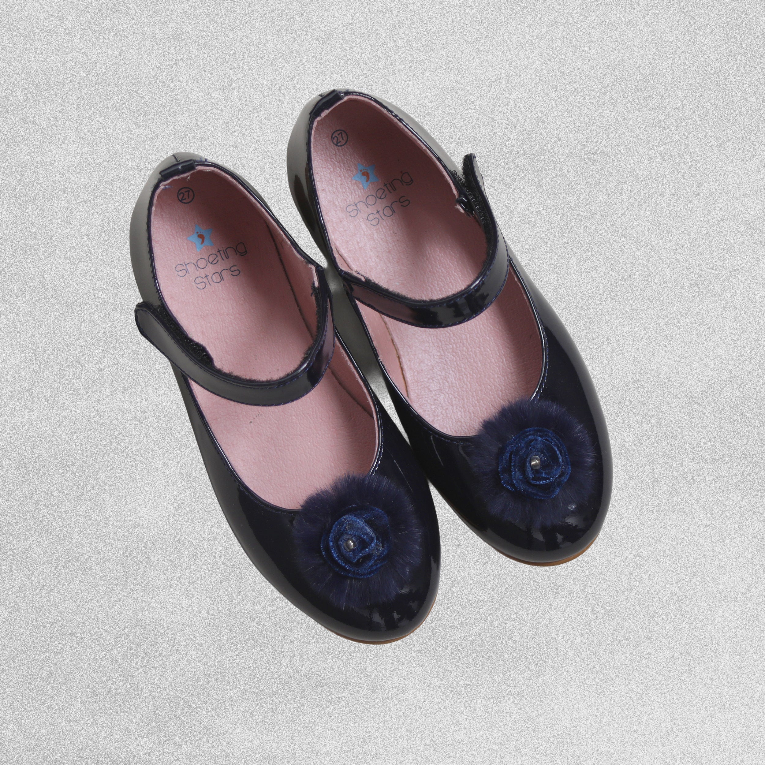 Shoeting Stars Dark Blue patent shoe with velcro strap and pom pom