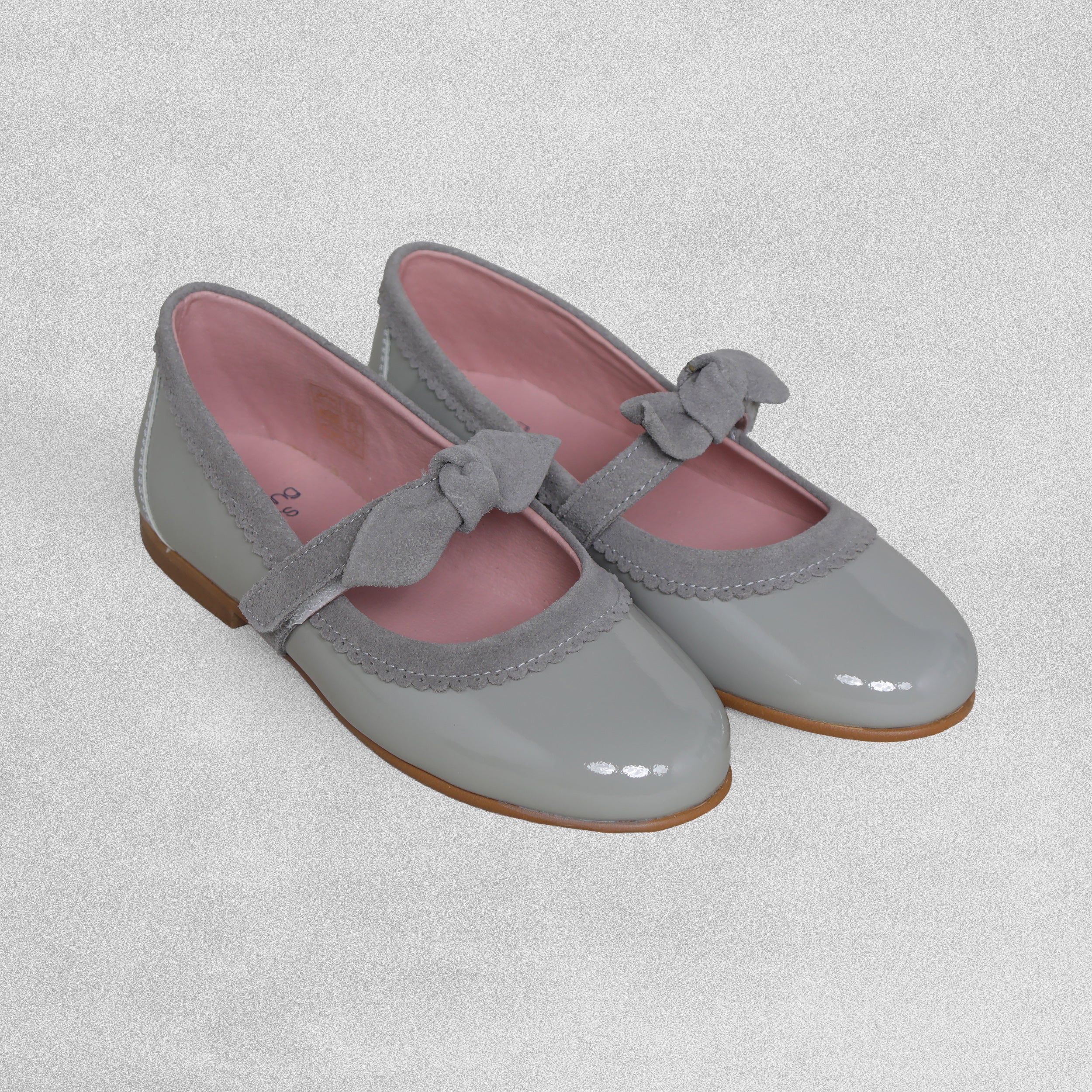 Shoeting Stars Grey / Taupe patent shoes with Suede Velcro Strap and Bow