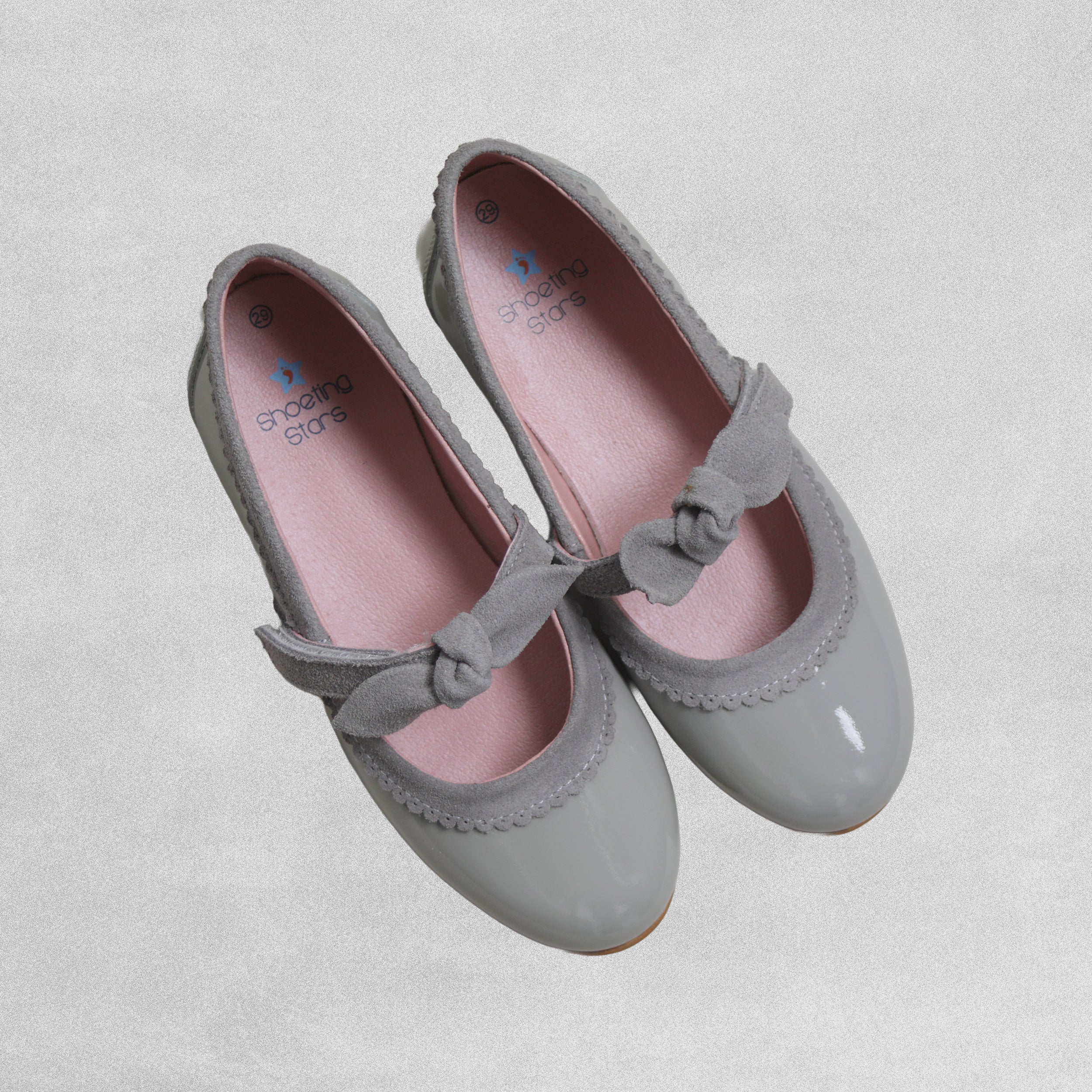 Shoeting Stars Grey / Taupe patent shoes with Suede Velcro Strap and Bow