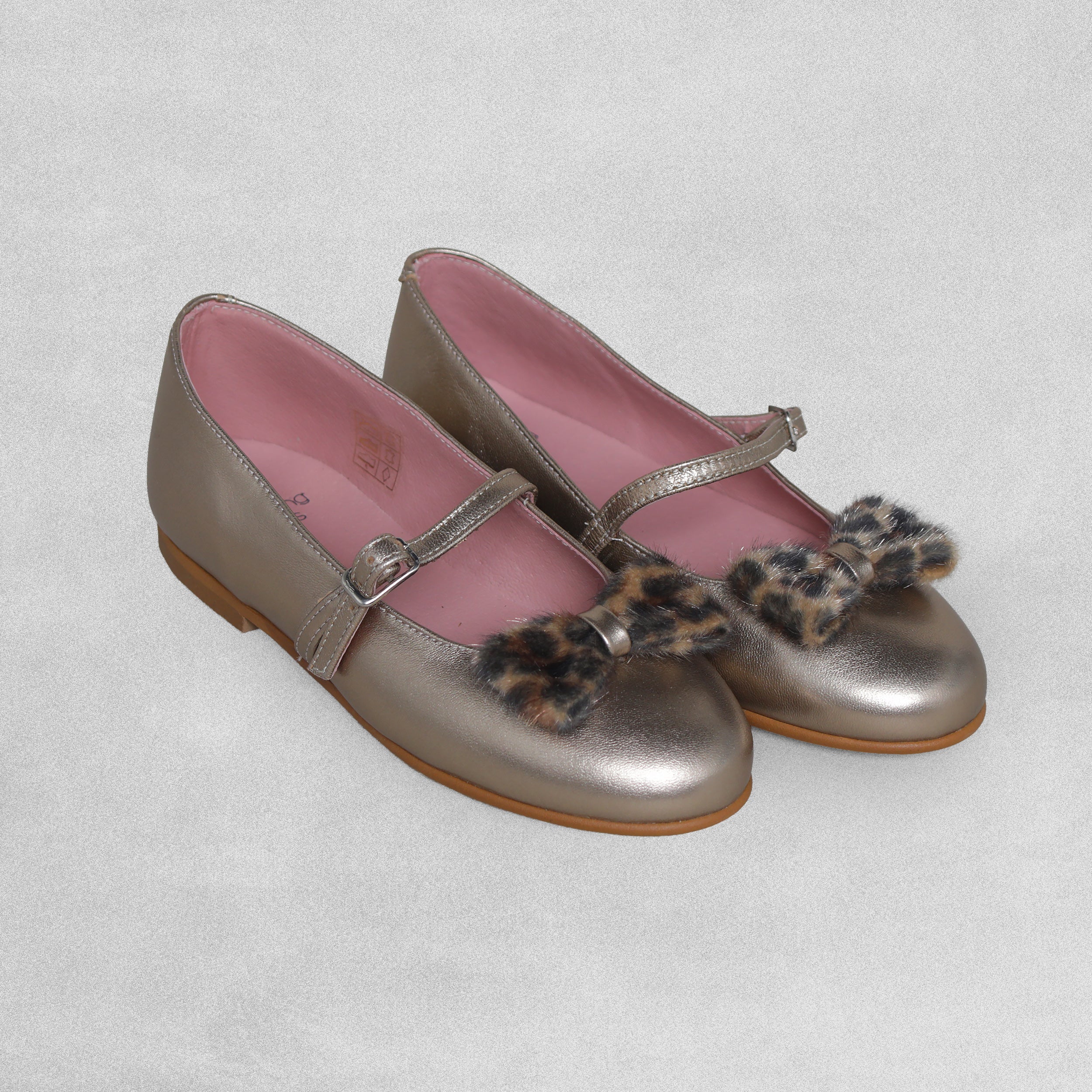 Shoeting Stars Gold Leather Shoes with Buckle strap and Leopard Print Bow