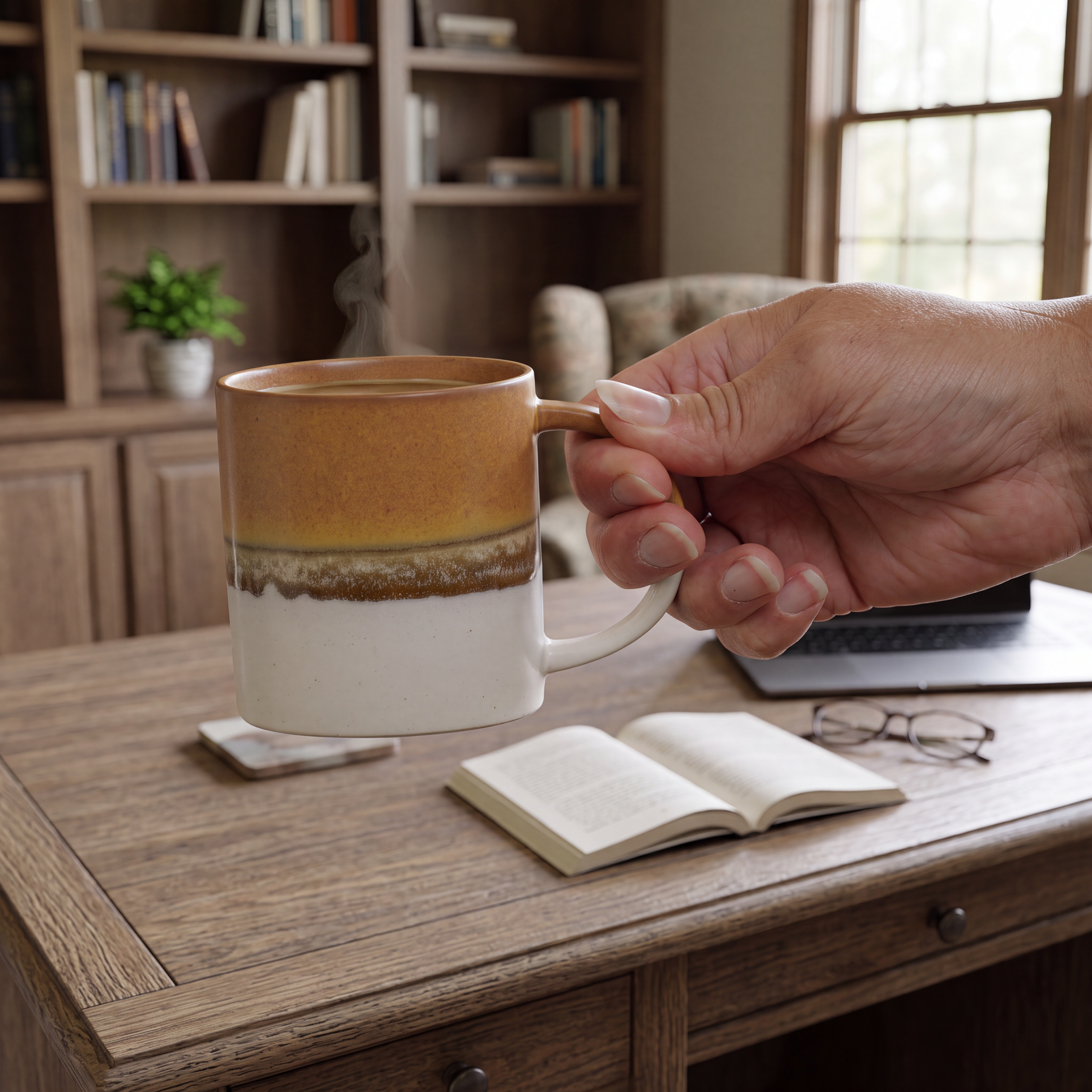 M&S Stoneware Reactive Mug Dark Yellow Brown Glaze