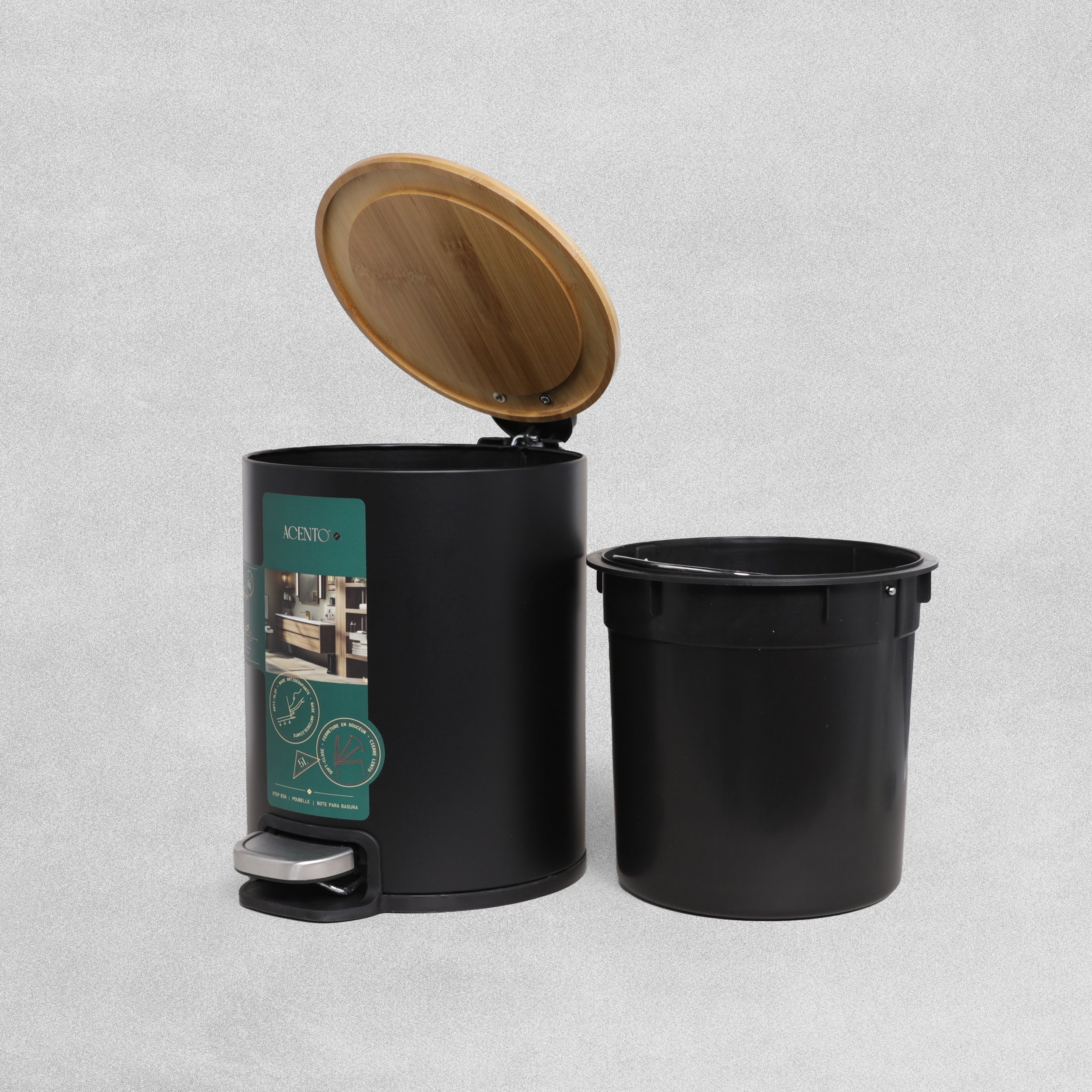 MooreField Soft Close Step Bin - round with wooden top