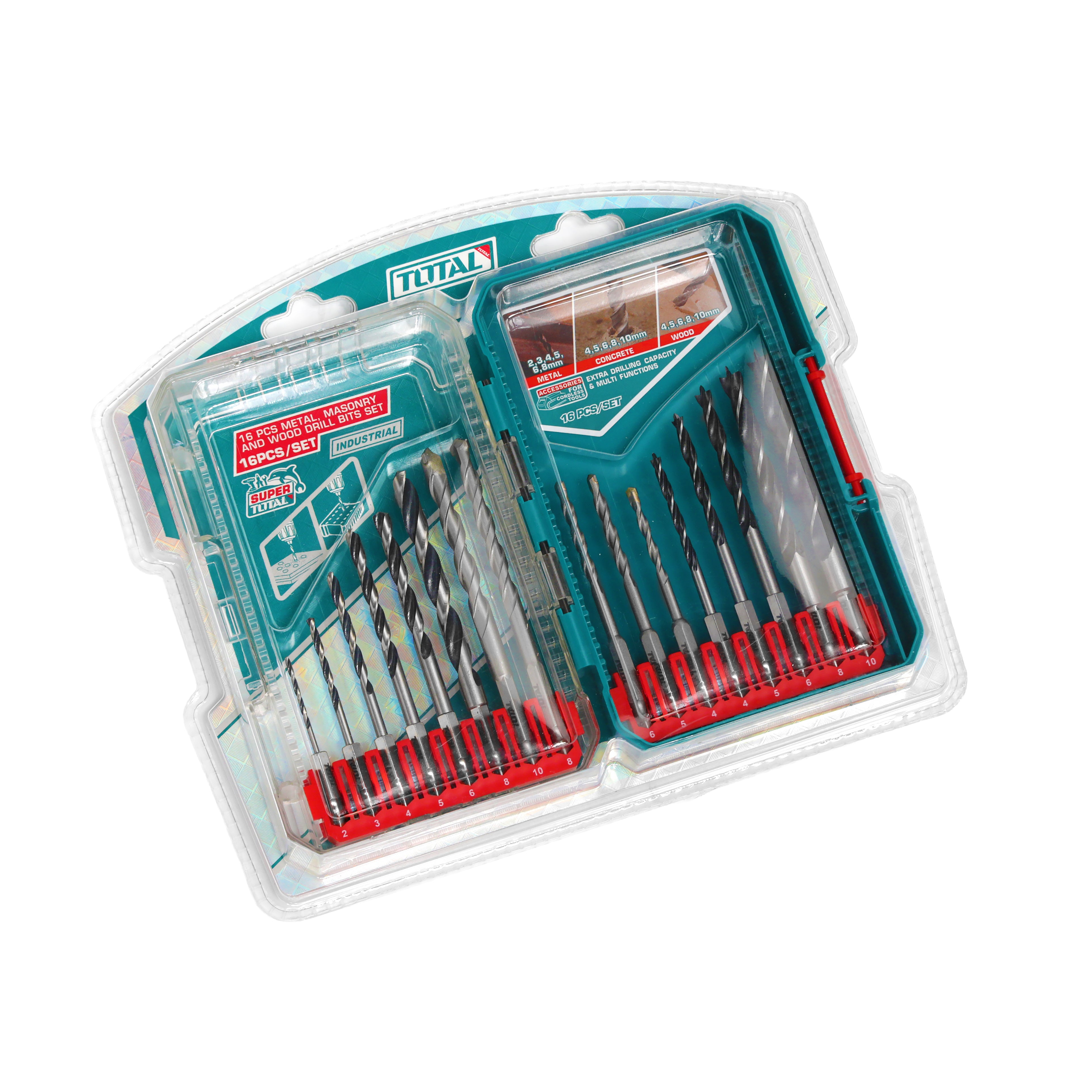 Total Metal, Masonry and Wood Drill Bits Set - 16pcs - TACSDL11608