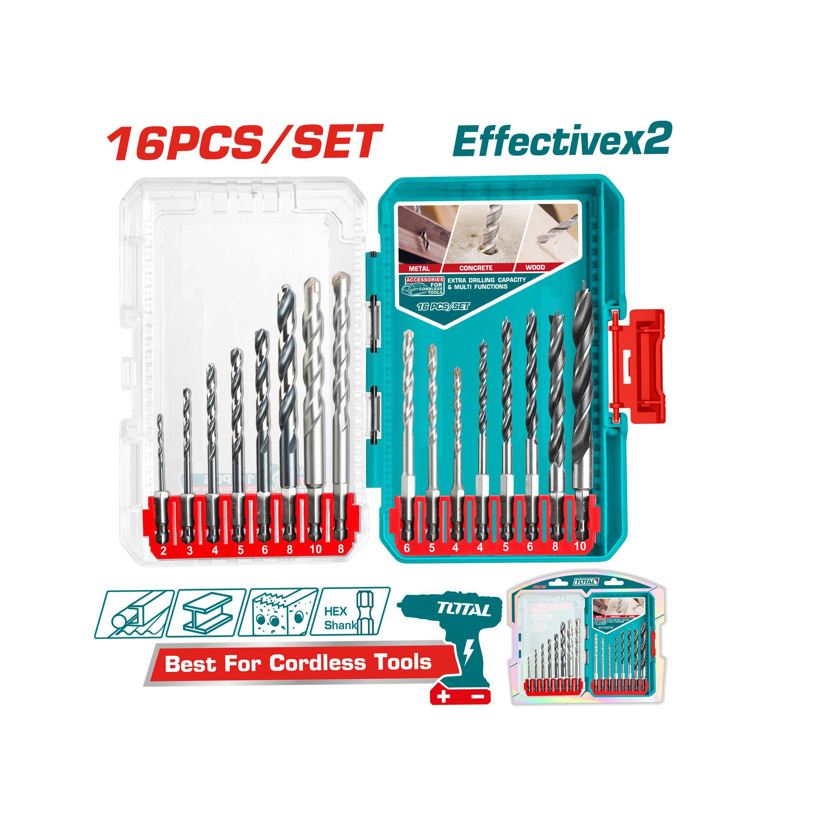Total Metal, Masonry and Wood Drill Bits Set - 16pcs - TACSDL11608