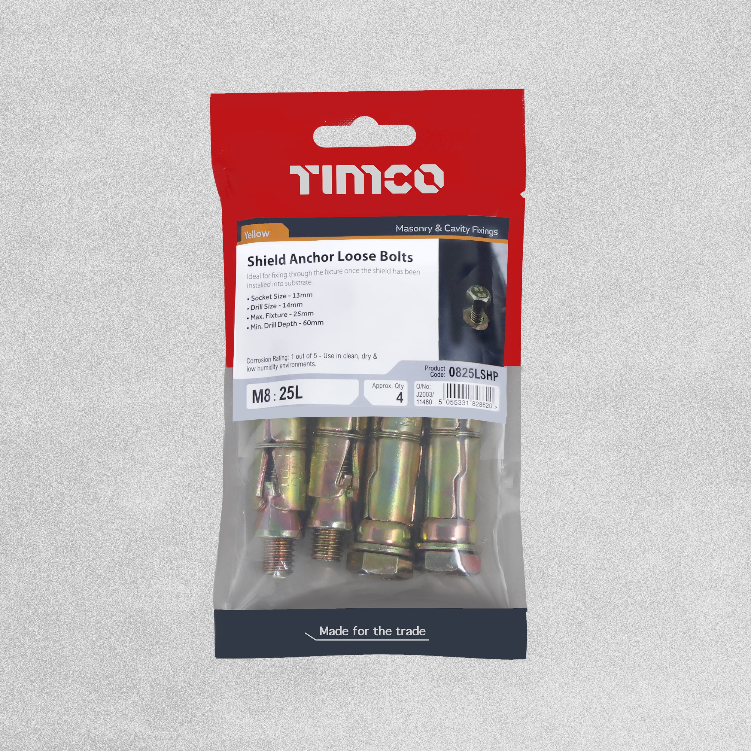Timco Shield Anchor Loose Bolts M8:25L - Pack of 4