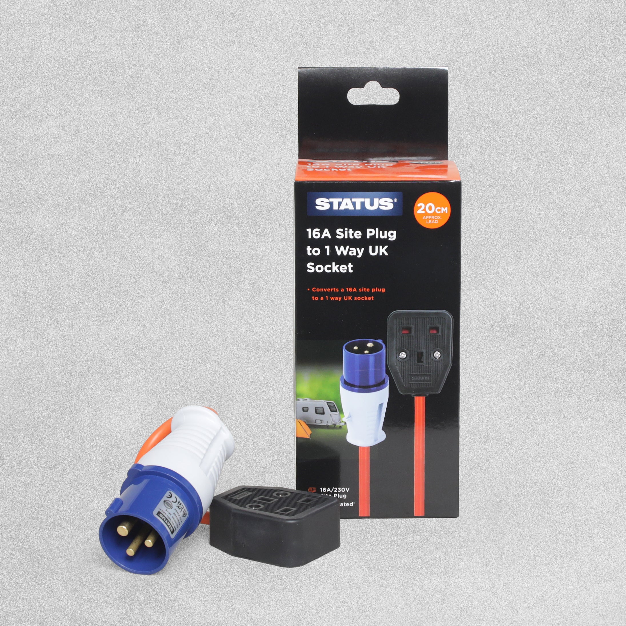 Status Mains Round 3 Pin Hook Up Lead UK Plug to 16A Site Plug to 1 Way UK Socket. Approx 20cm Lead