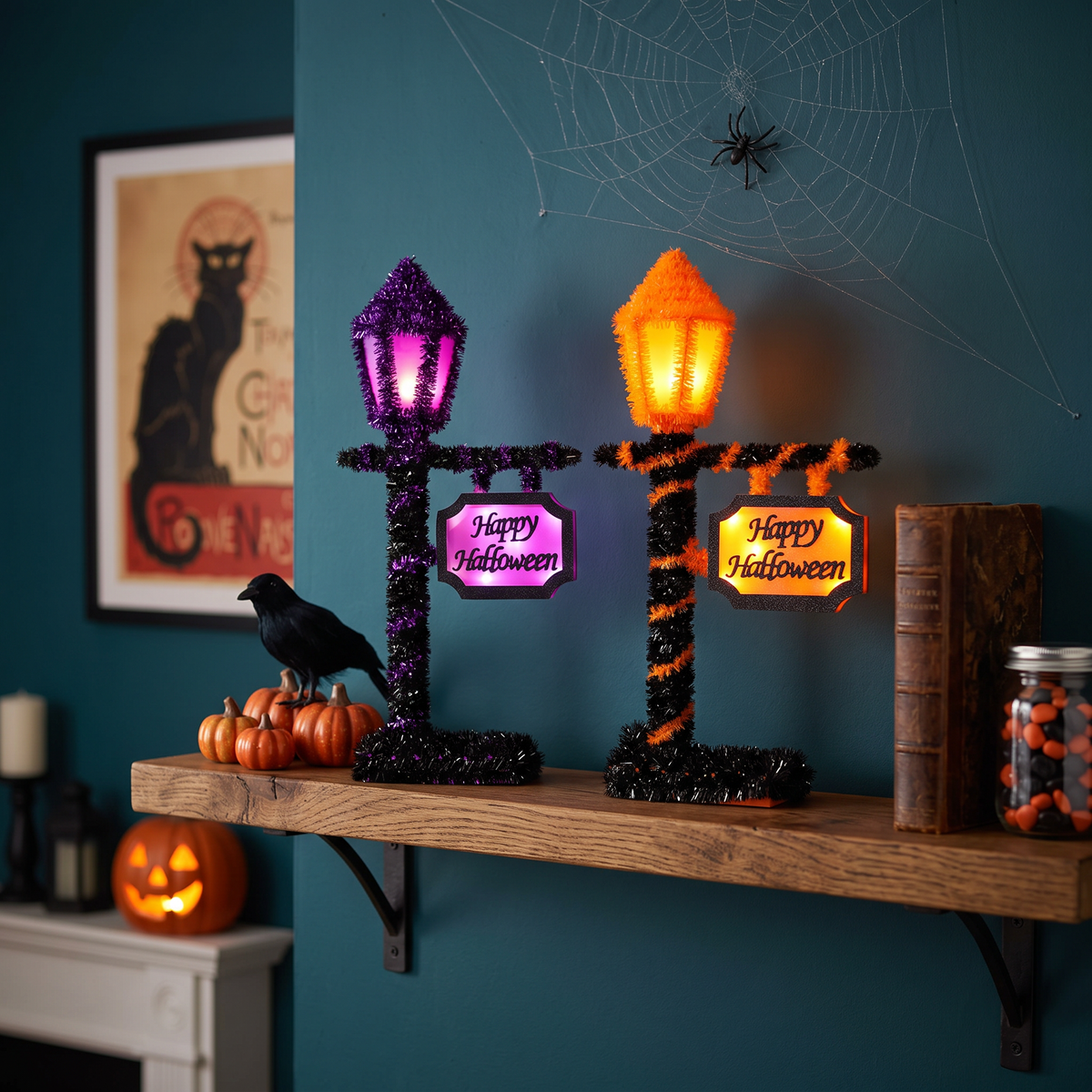 Halloween Tinsel Glowing Lamp Post - 44cm tall