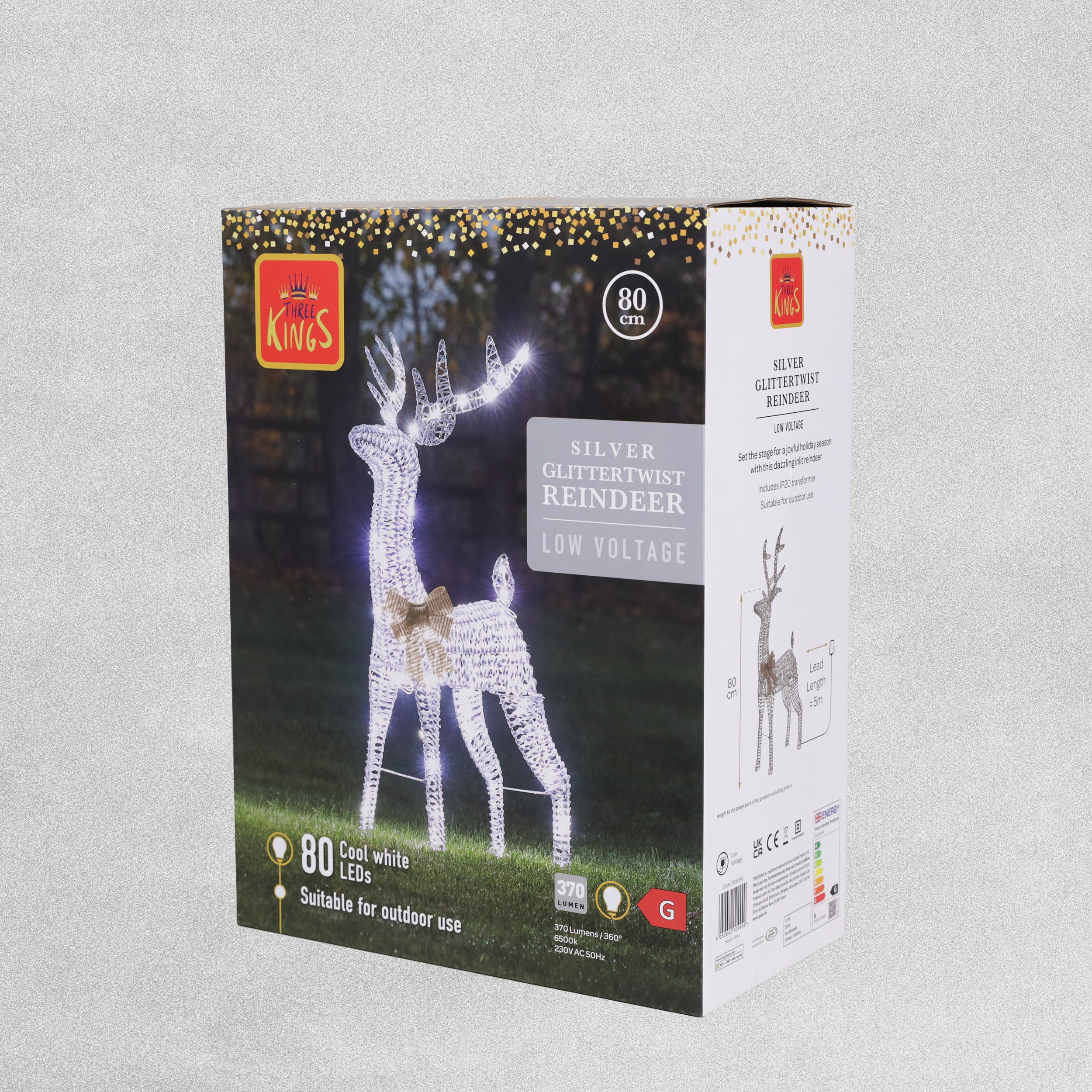 Three Kings Glitter Twist Reindeer Silver - 80cm - Cool White LED