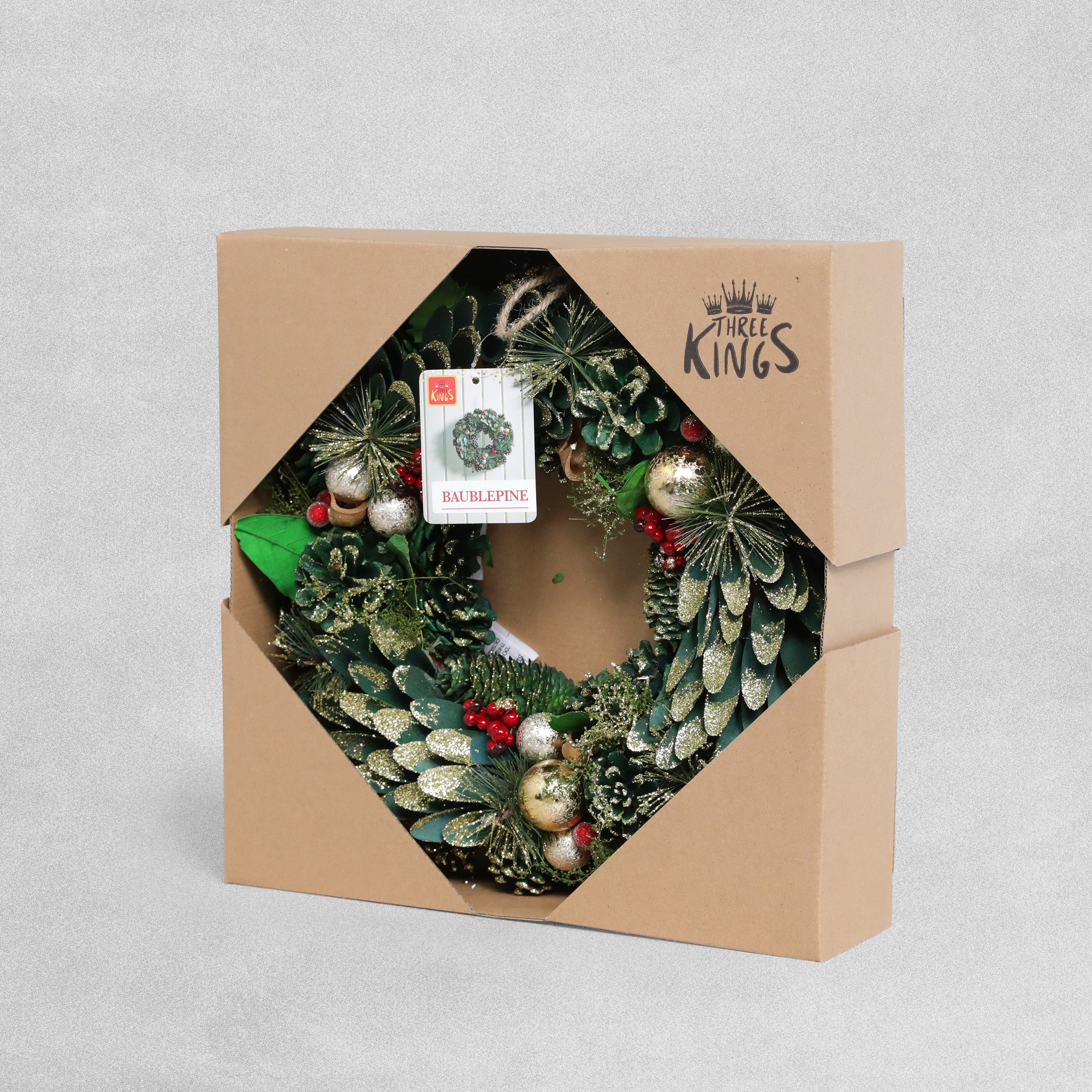 Three Kings Bauble Pine Christmas Wreath - 36cm