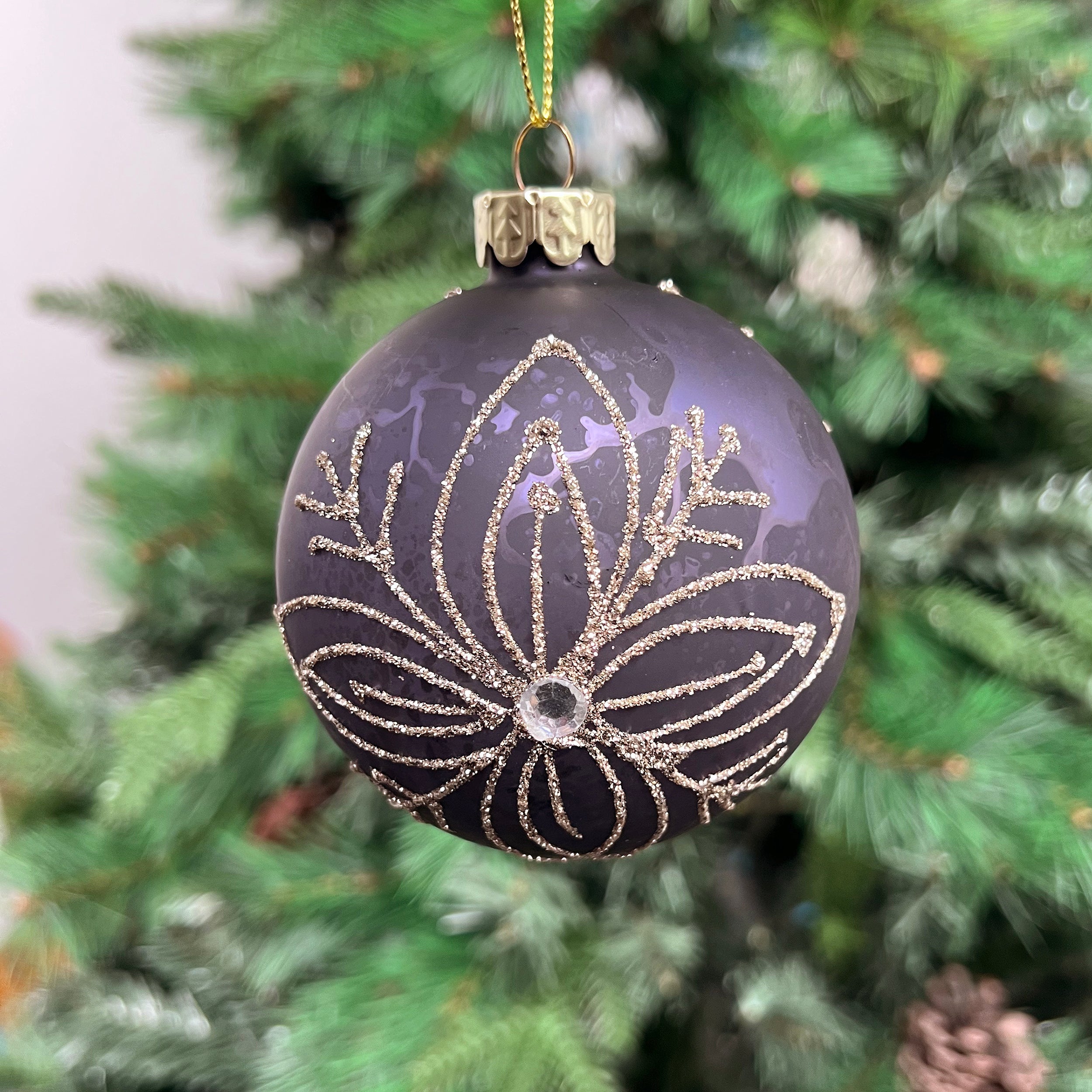 Festive Navy/Gold Glitter Snowflake Bauble - 8cm
