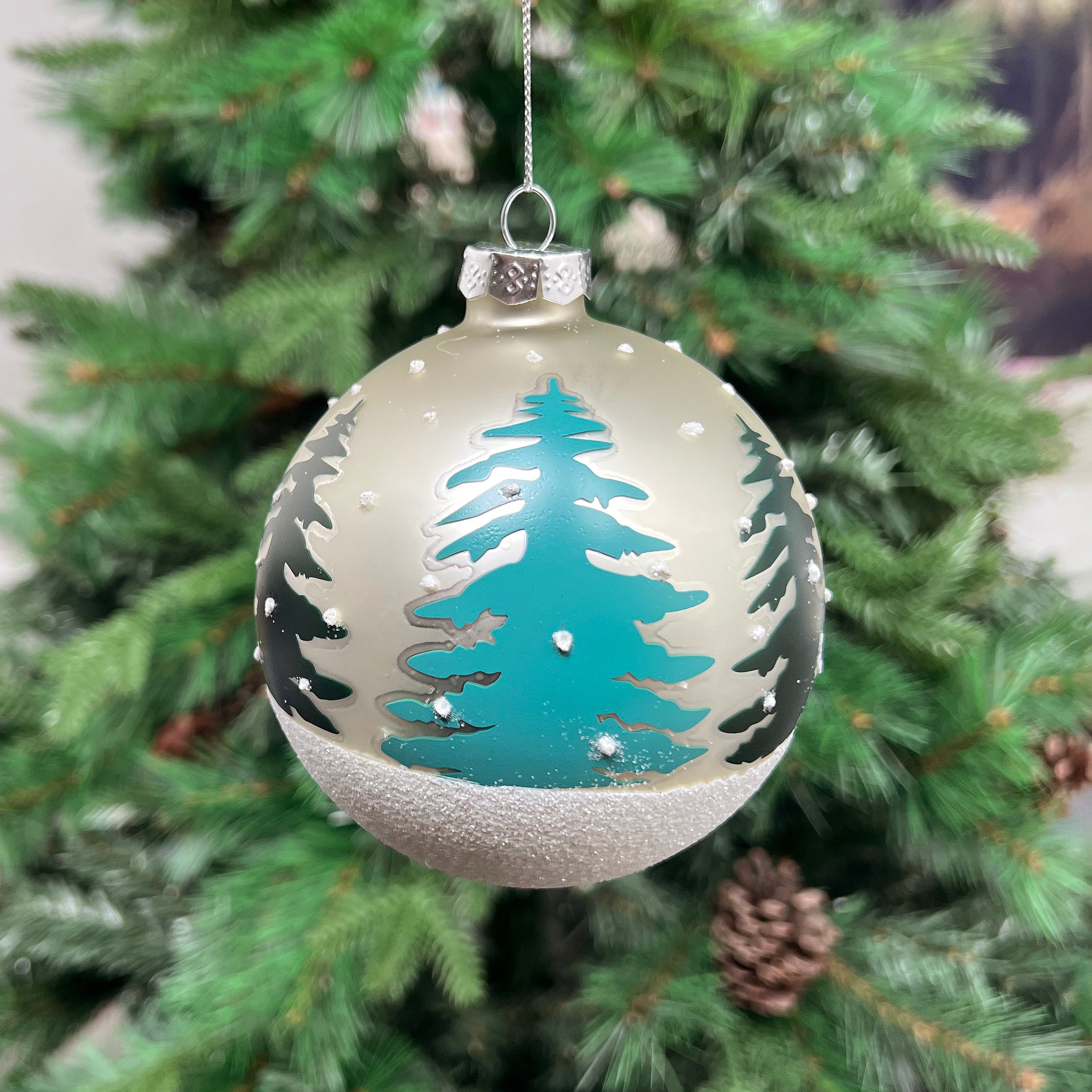 Festive Pearl White Glass Ball with Tree - 10cm