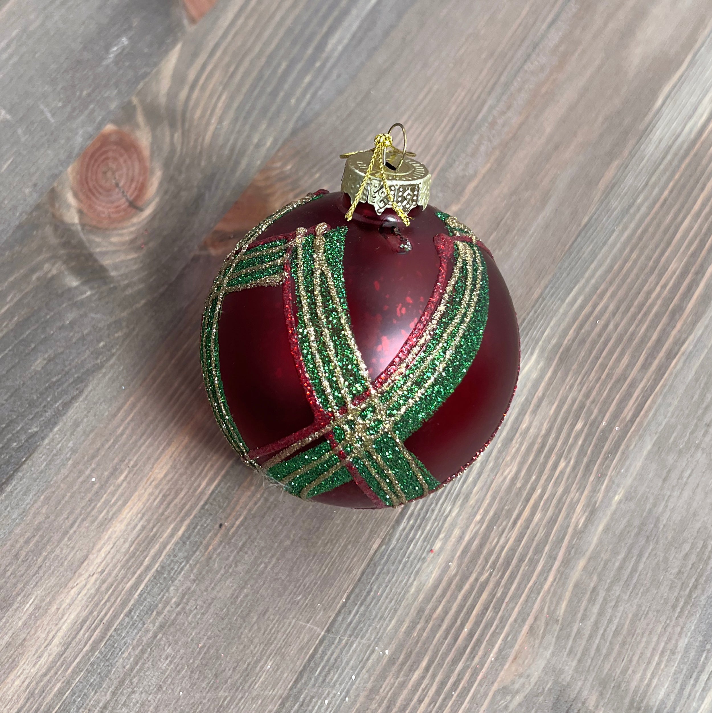Festive Burgundy/Green Check Glass Ball - 8cm