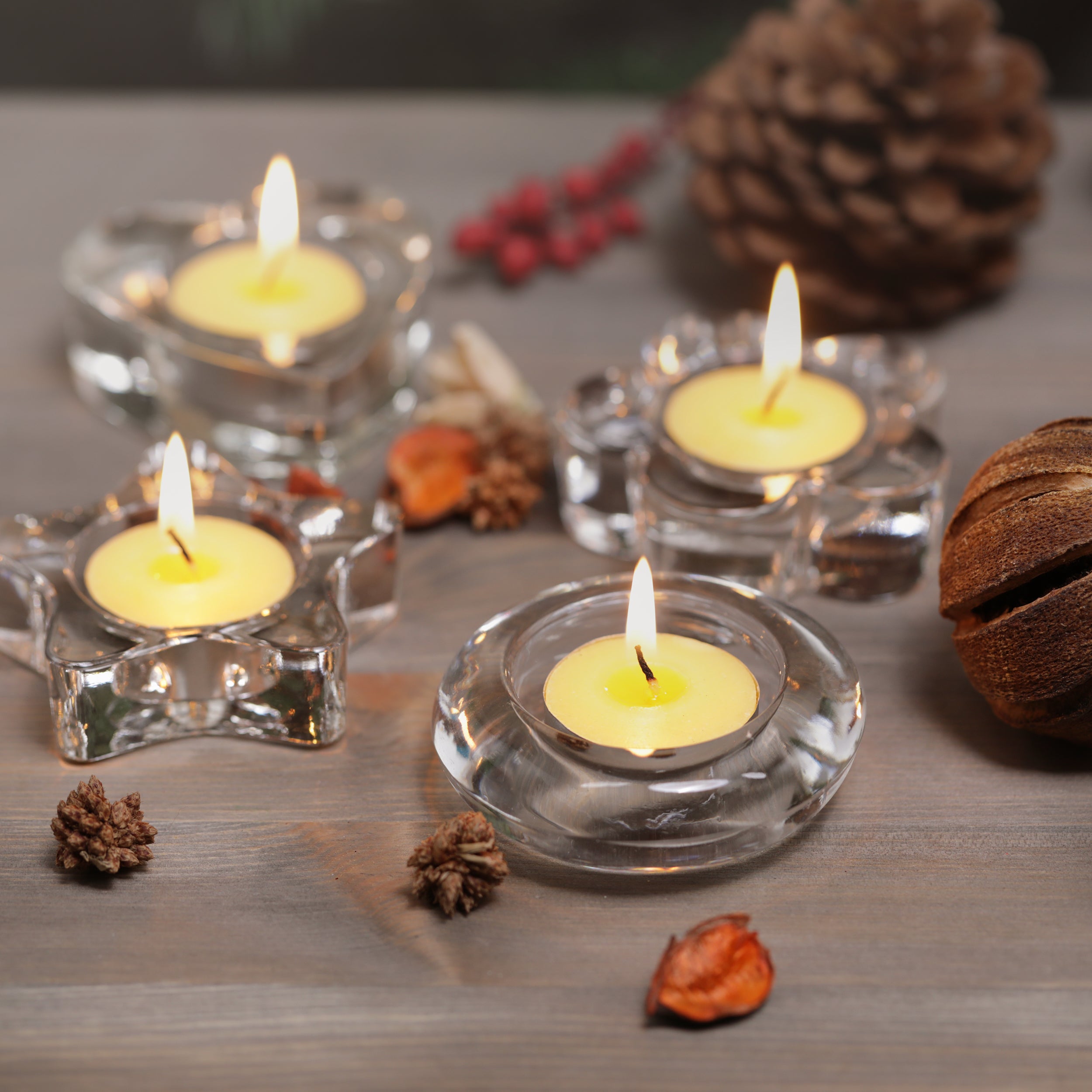 Set of 4 Clear Glass Tealight Holders, Various Shapes, Suitable for 4cm Diameter Tealights Candles