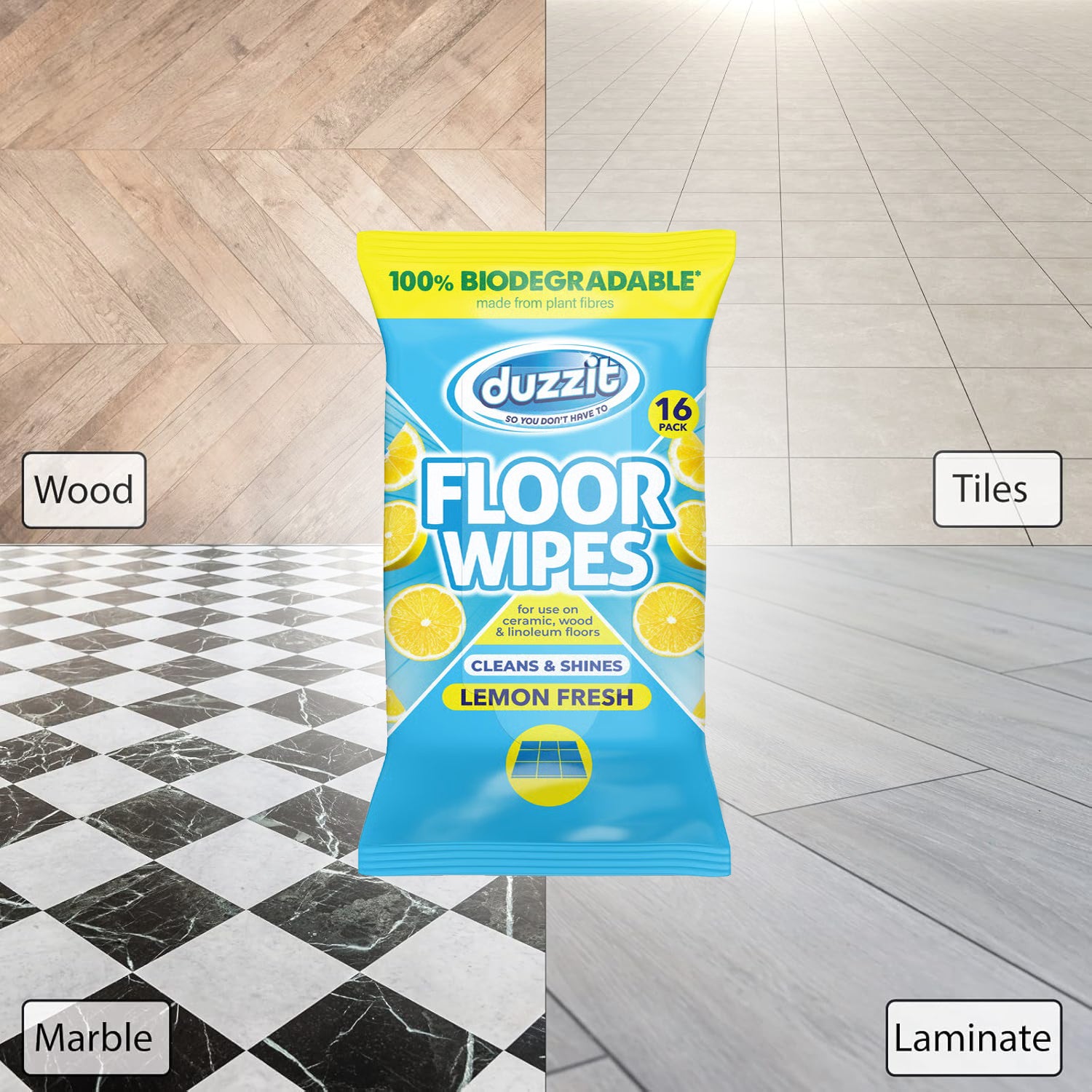 Duzzit Biodegradable Lemon Fresh Floor Wipes - 16pcs