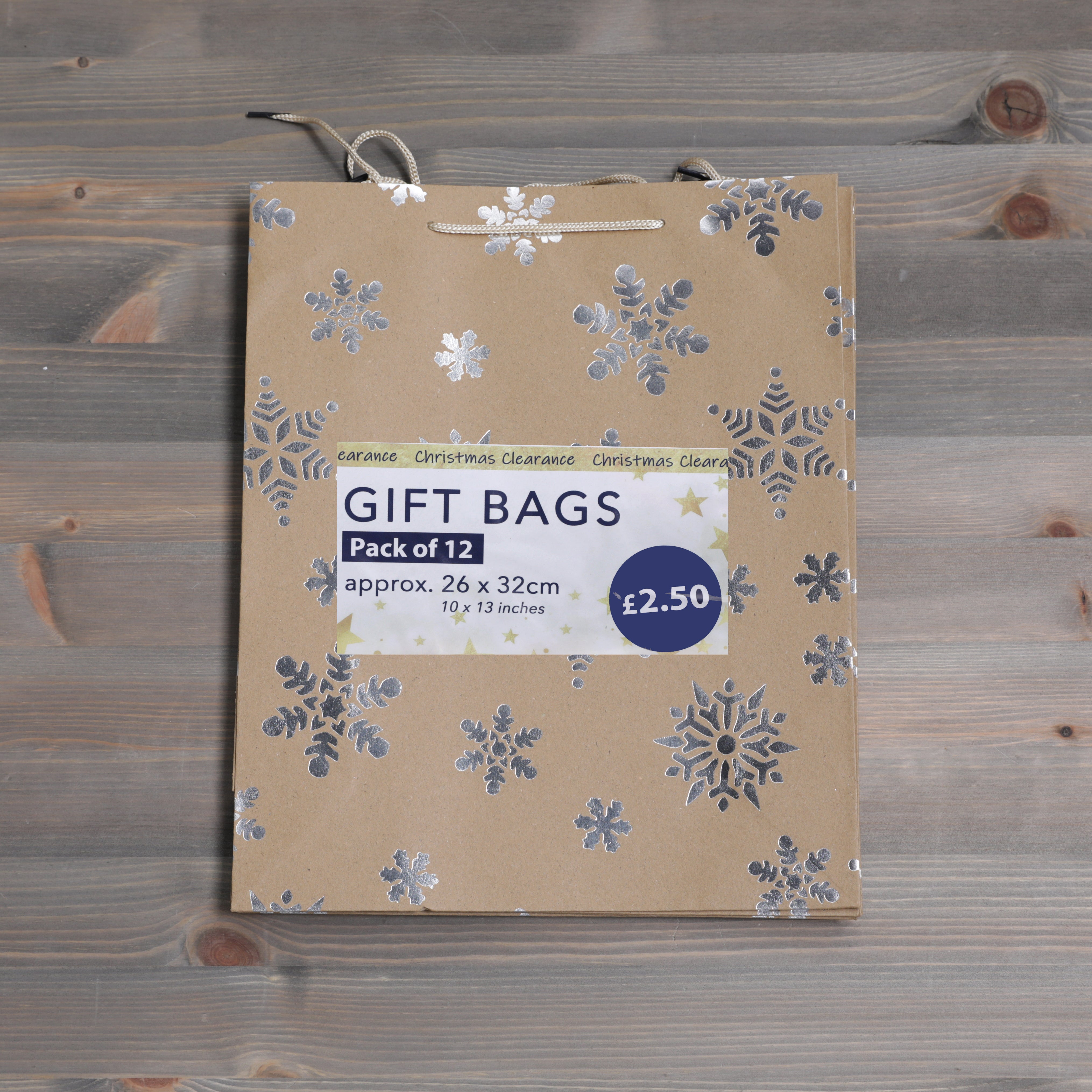 Christmas Gift Bags Kraft/Silver Snowflakes Design - 32 x 26 x 12cm - 12pcs