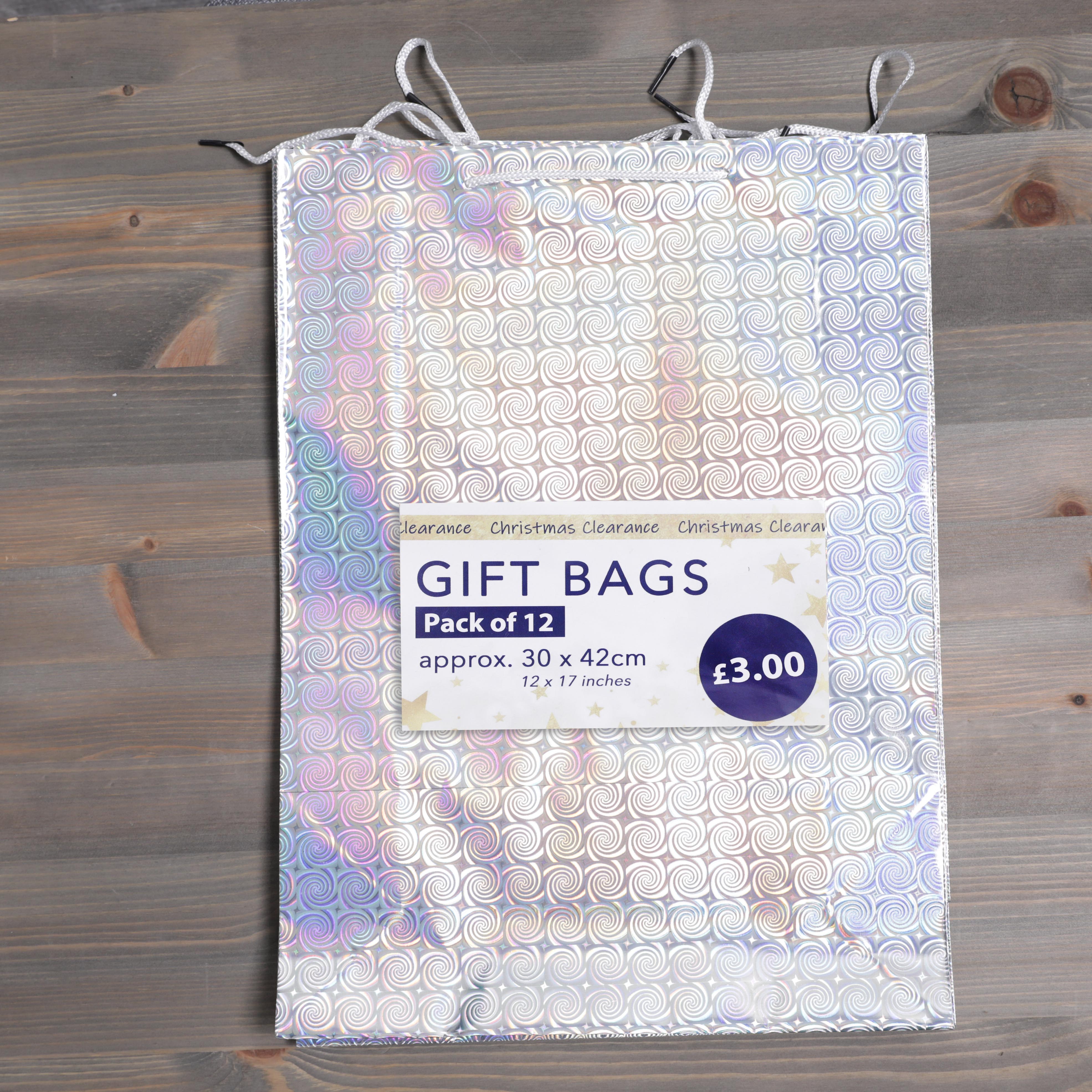 Christmas Gift Bags Silver Holographic Design - 41 x 30 x 11cm - 12pcs