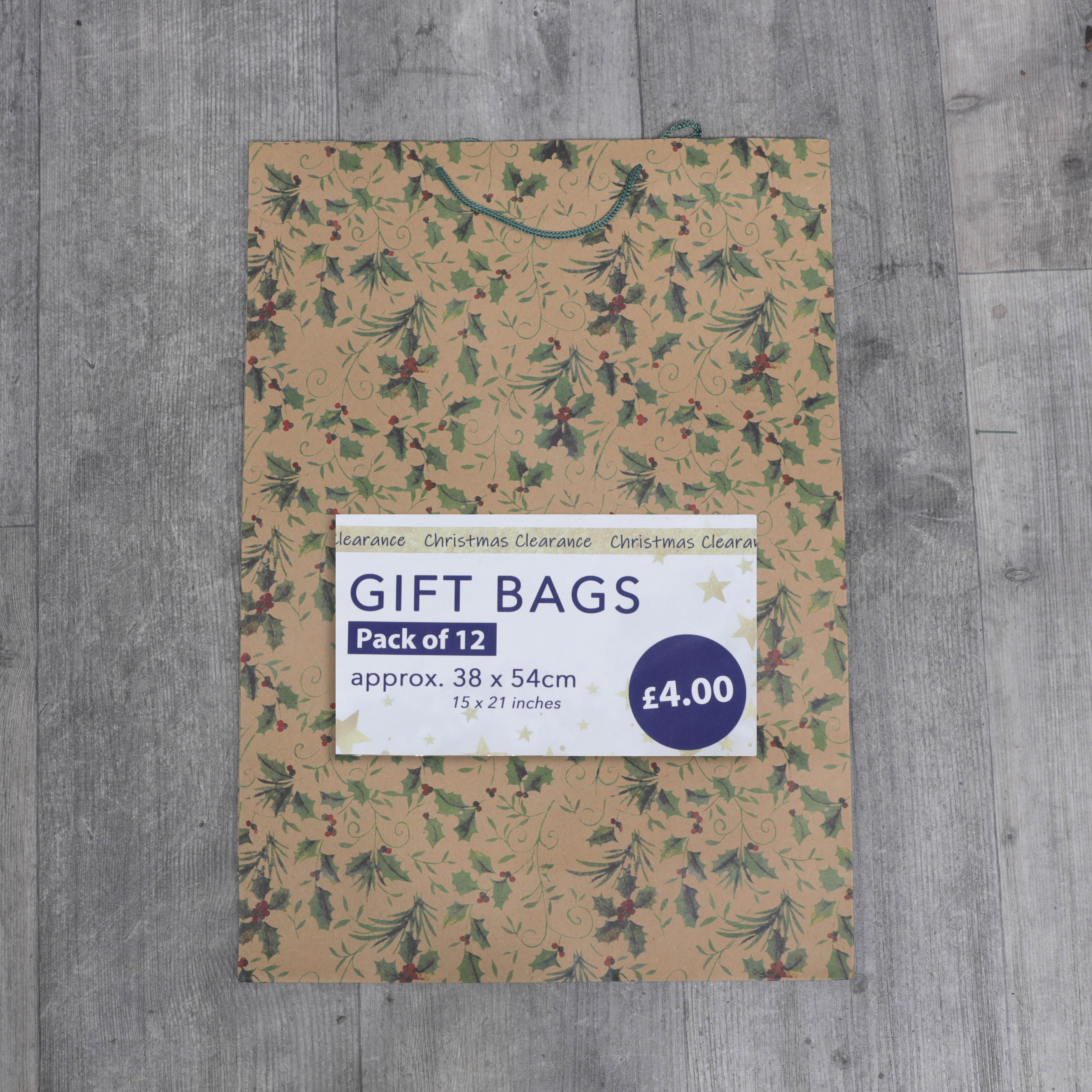 Christmas Gift Bags Kraft Holly Print Design - 54 x 38 x 13cm - 12pcs