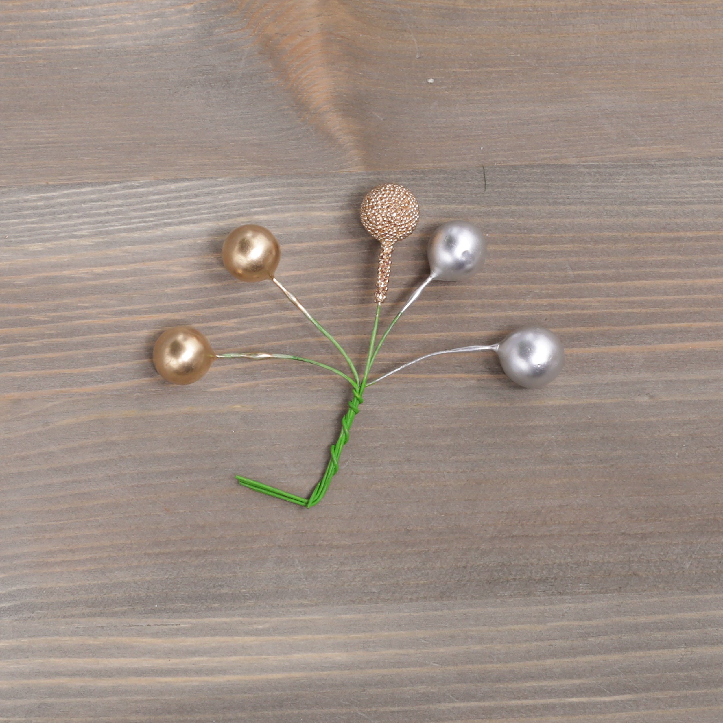 Gold Silver Berries on Wires - 5pcs