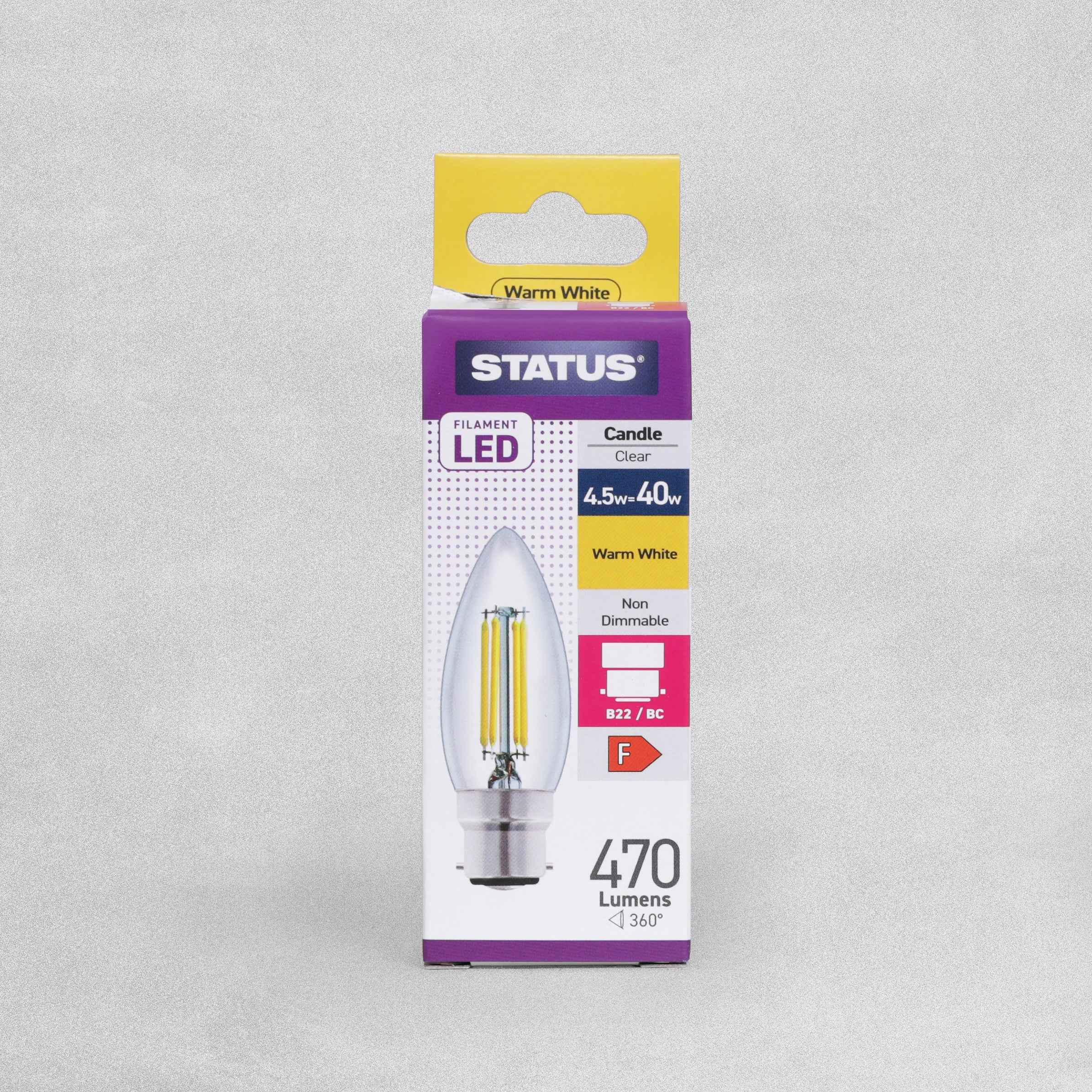 Status Filament LED Candle Clear Bulb B22/BC 4.5w=40w - Warm White