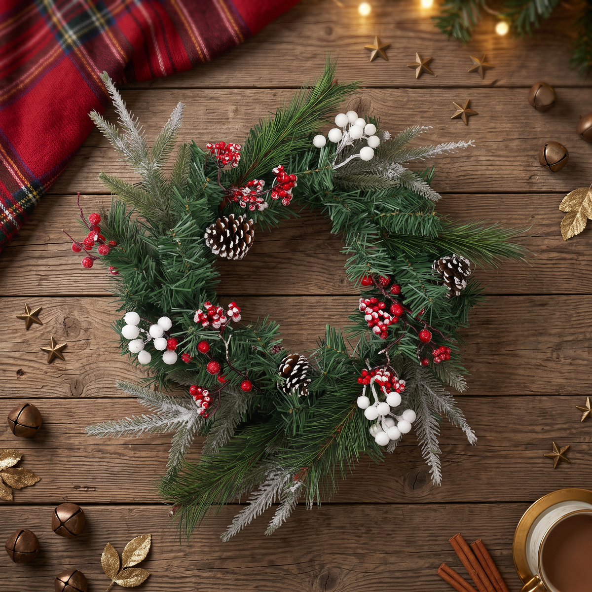 Christmas Spruce and Pine Wreath with Cones and Berries - 55cm