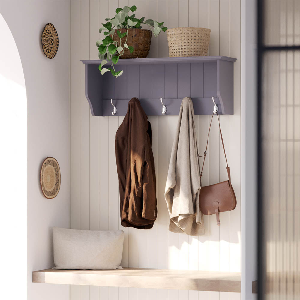Bevelled Coat Shelf With Hooks H25.5 W70 D20cm White & Grey