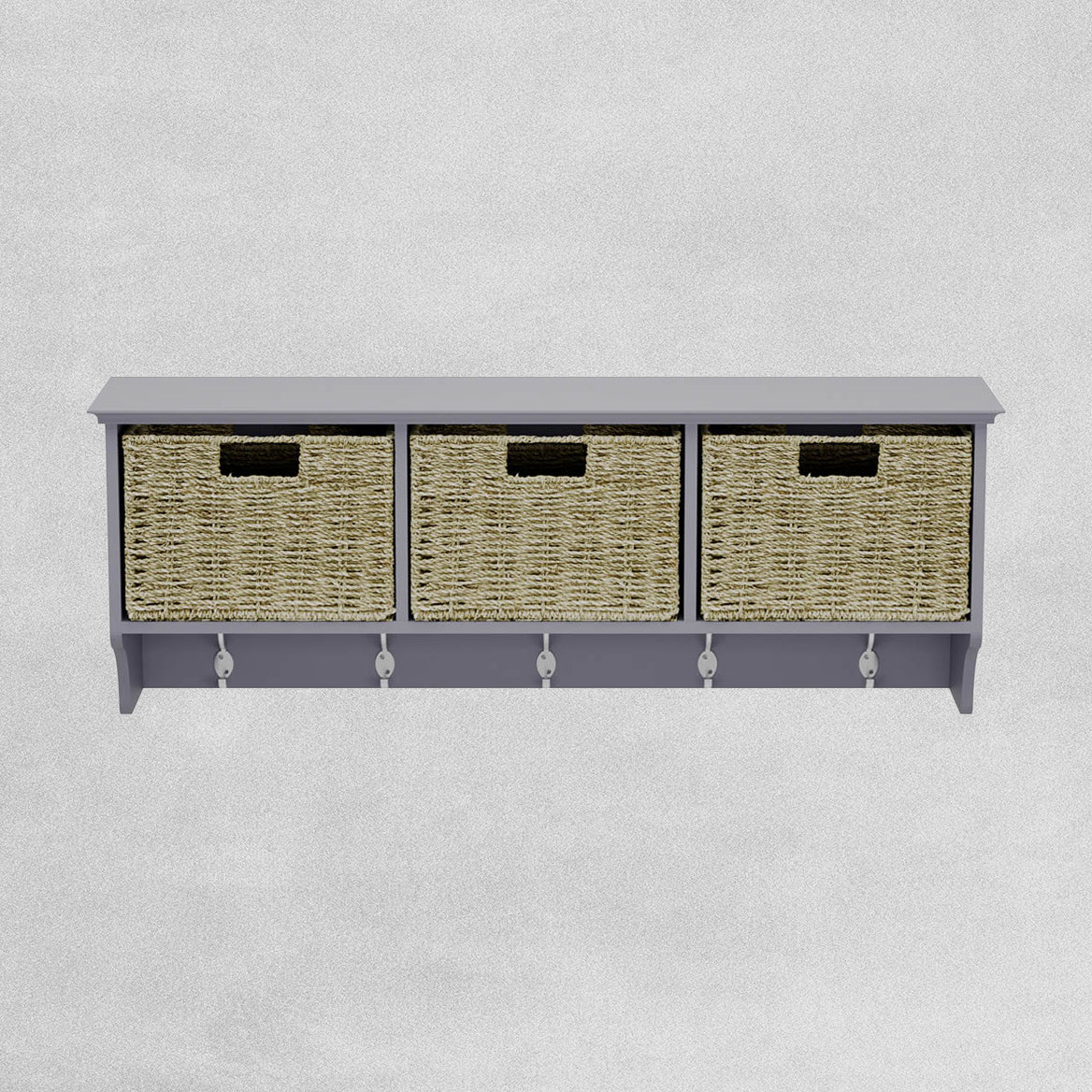 Bevelled Coat Shelf with Baskets and Hooks H33 W90 D22cm Grey