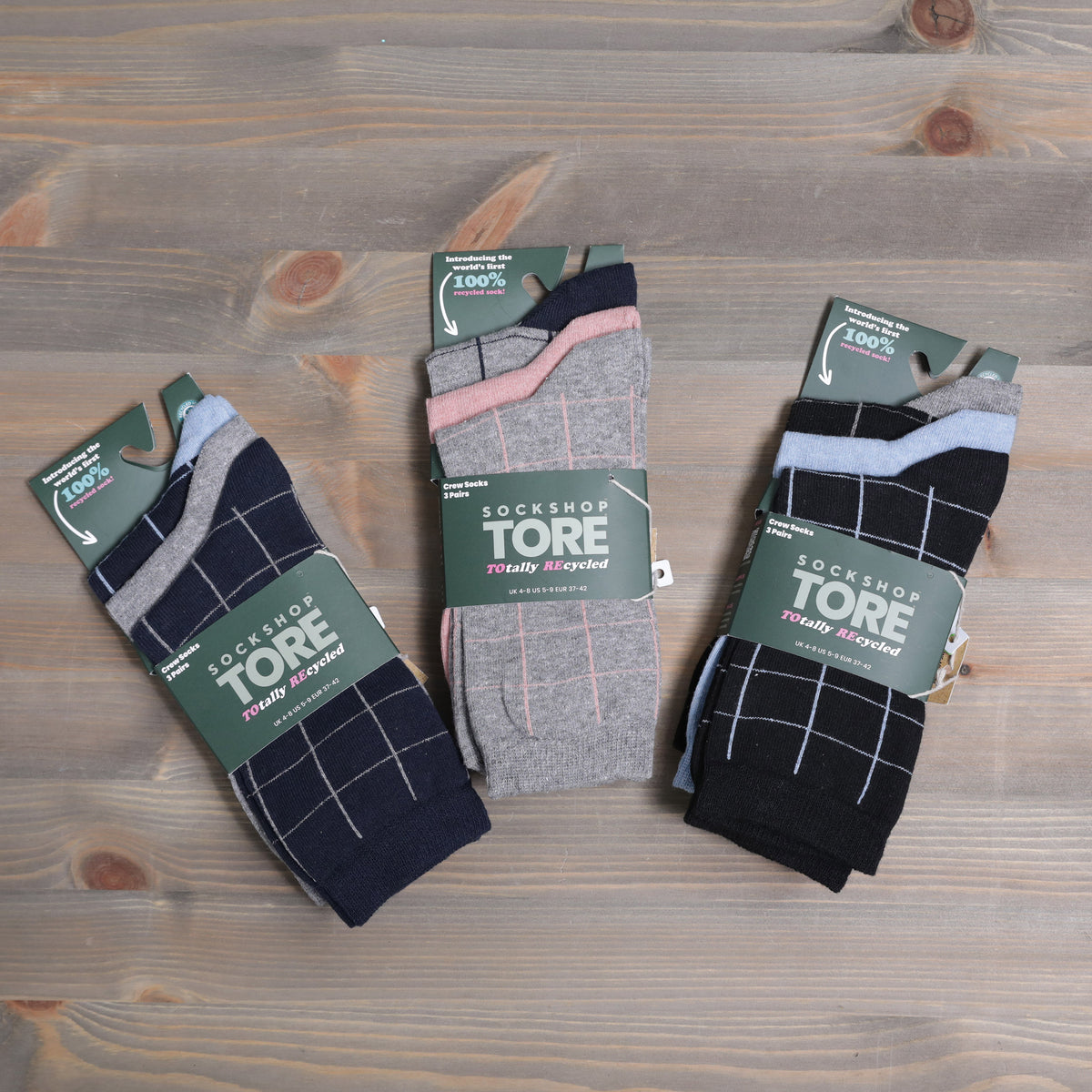 Sockshop Tore Crew Socks Grid 3 Pairs Ladies 4-8  Various Colours
