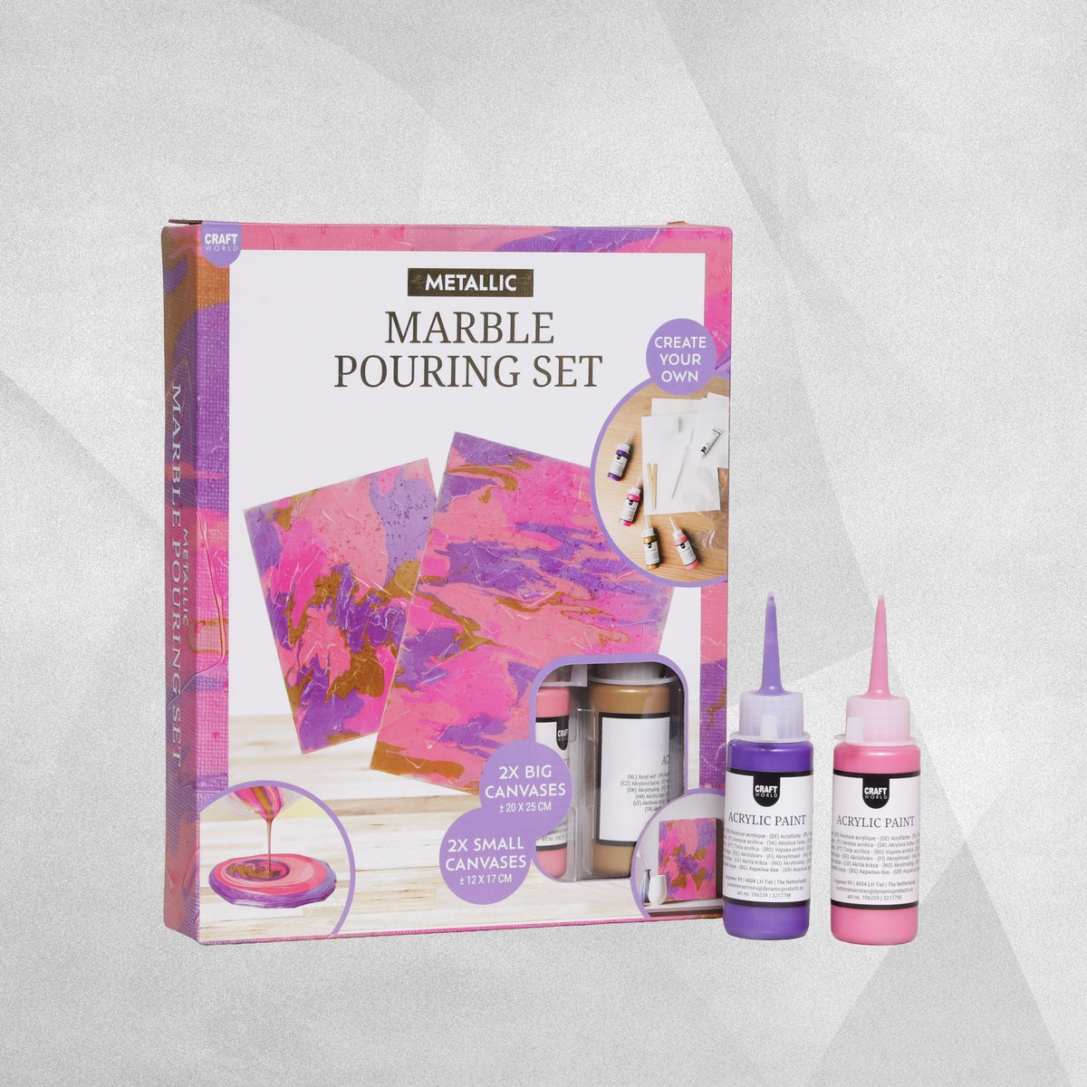 Craft World Marble Pouring Kit with Canvases - available in Metallic, Neon & Pastel