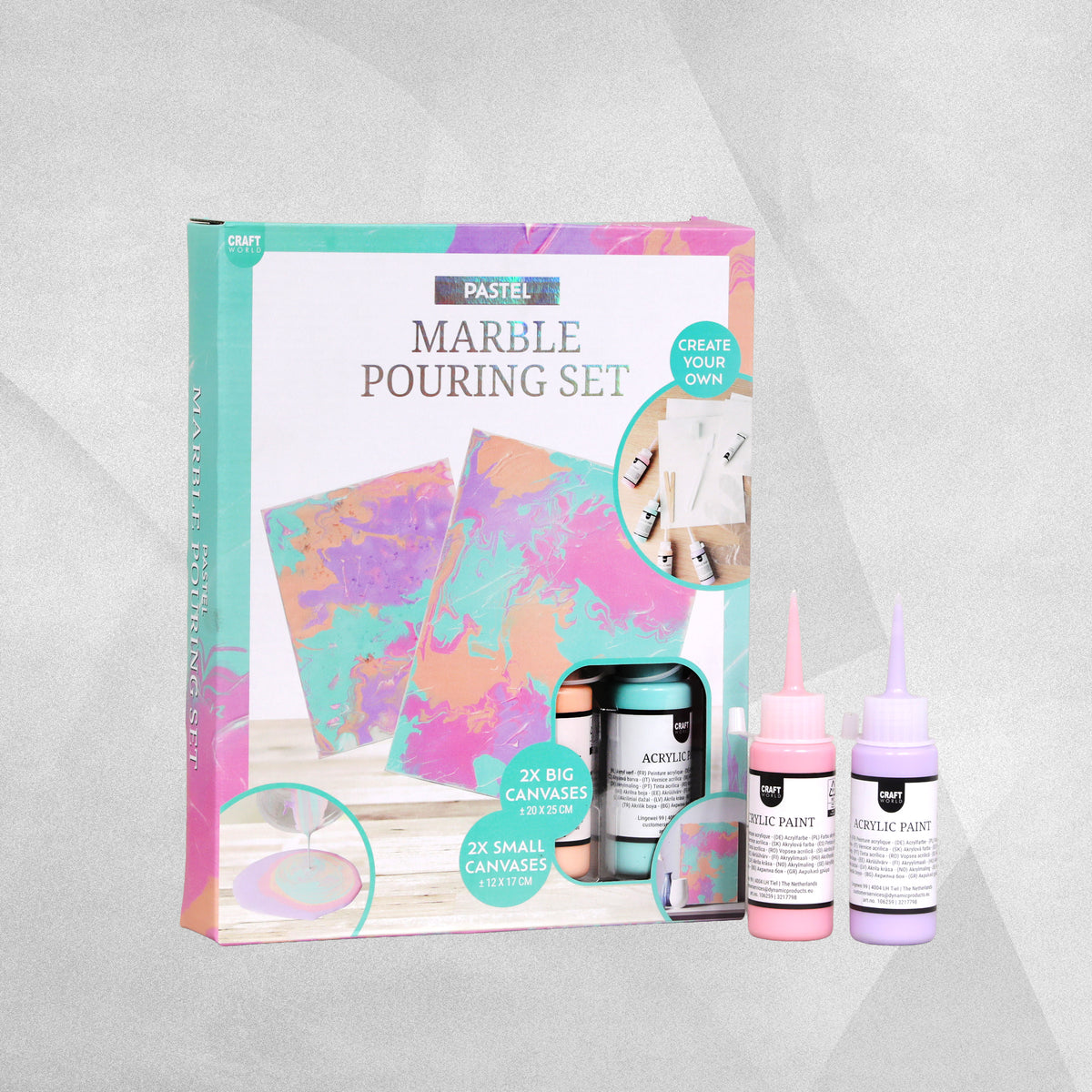 Craft World Marble Pouring Kit with Canvases - available in Metallic, Neon & Pastel