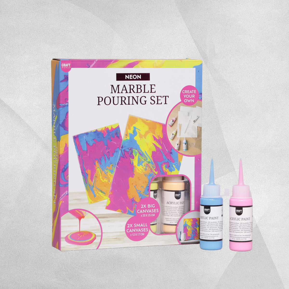 Craft World Marble Pouring Kit with Canvases - available in Metallic, Neon & Pastel