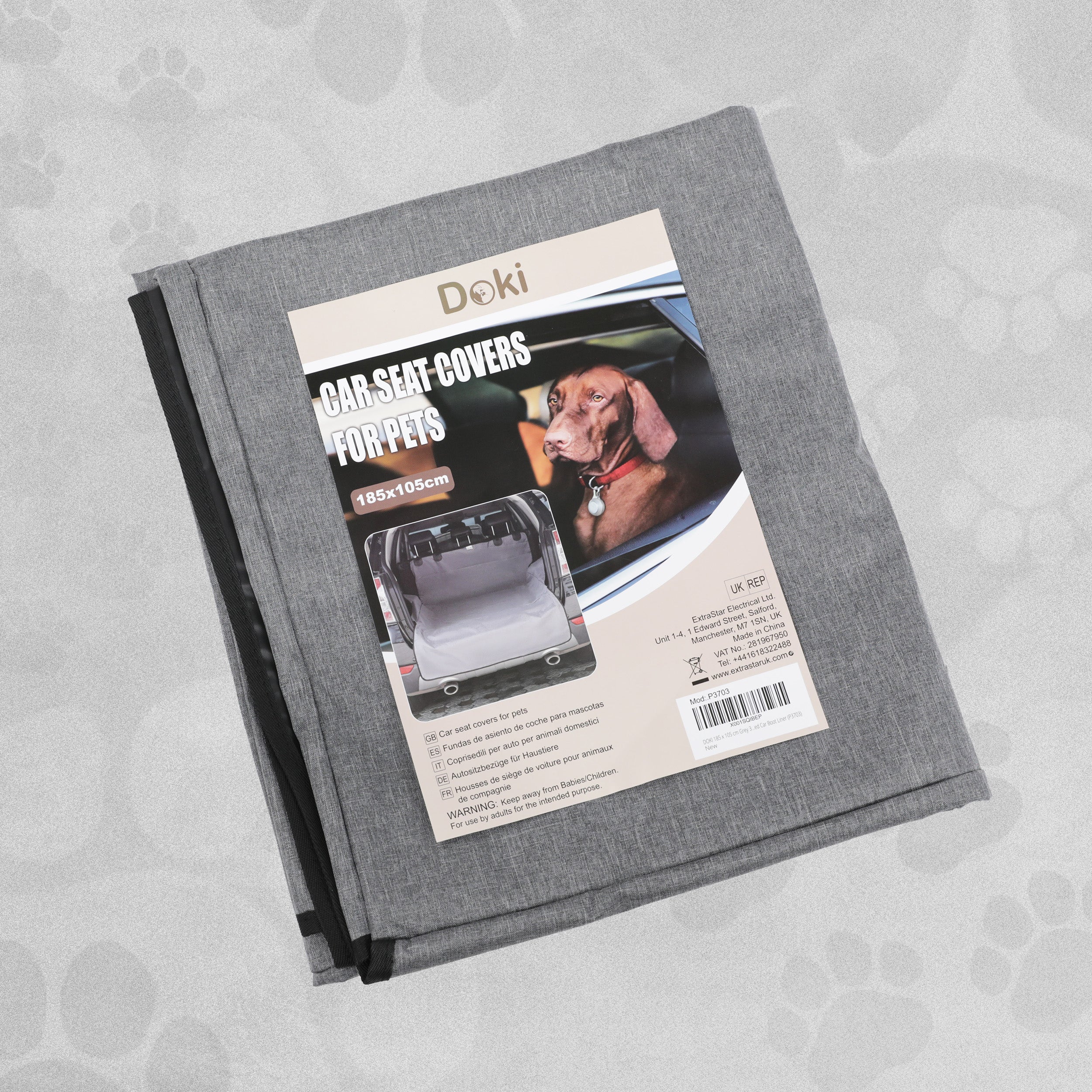 Doki Car Seat Covers For Pets 185 x 105 cm- Grey