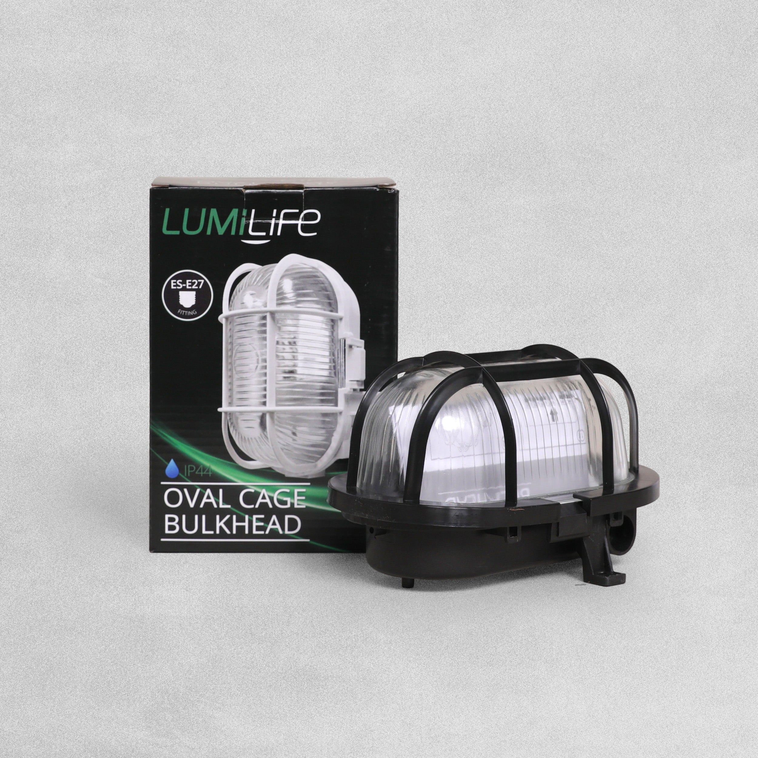 Lumilife 60w Oval Caged Bulkhead - Black IP44-ES-E27