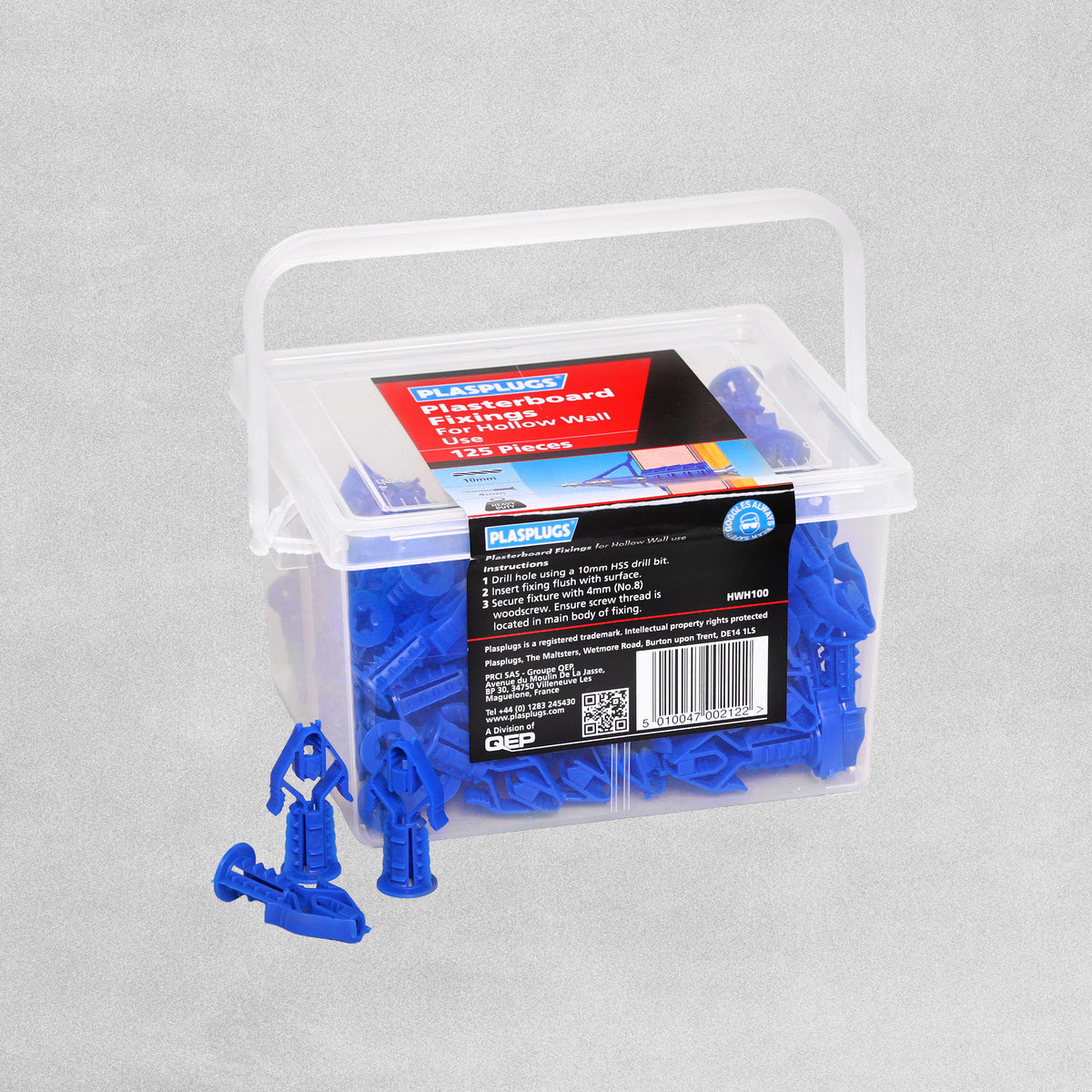 PLASPLUGS Plasterboard Fixings For Hollow Walls Blue Tub 125pk (for 10mm Drill 4mm Screws)