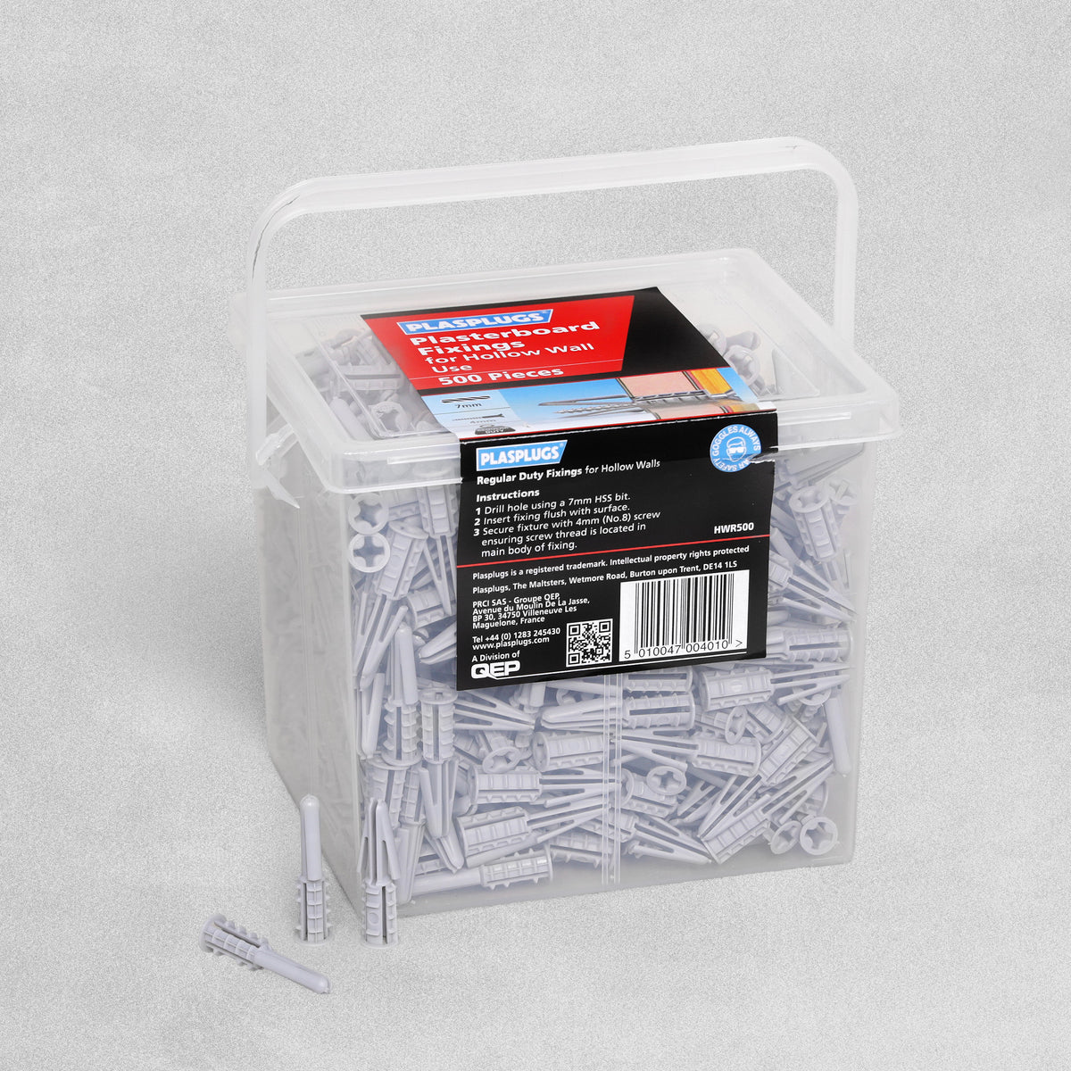PLASPLUGS Plasterboard Fixings For Hollow Walls Grey Tub 500 pieces (for 7mm Drill 4mm Screws)