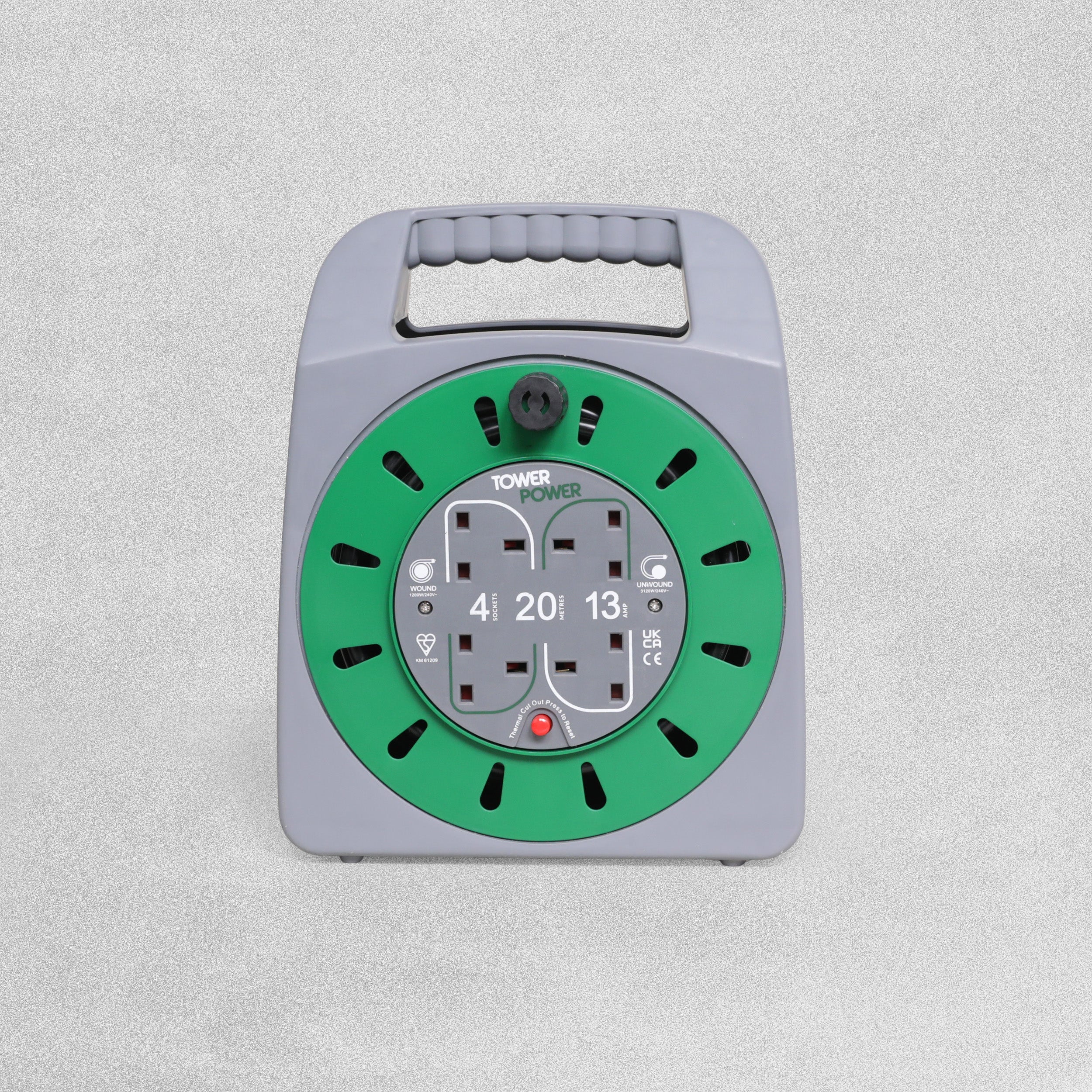 Tower Power 4 Socket  13 Amp Cable Reel Case  with Thermal Safety Cut Out