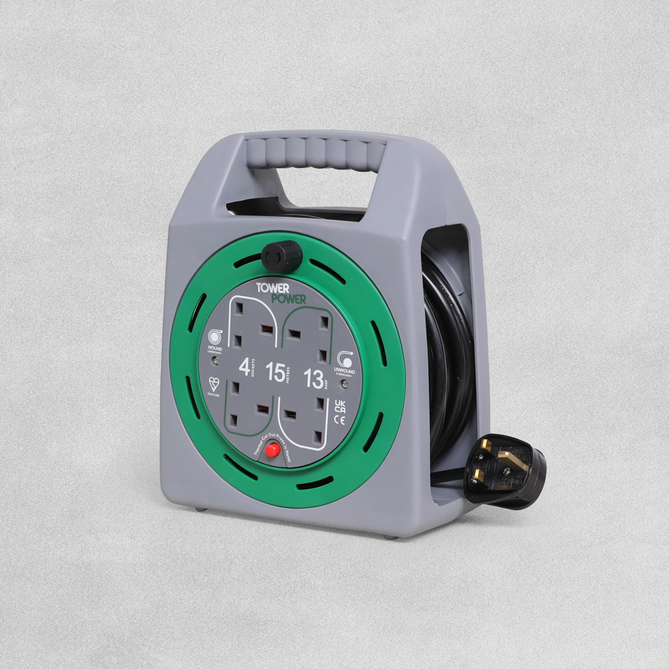 Tower Power 4 Socket  13 Amp Cable Reel Case  with Thermal Safety Cut Out