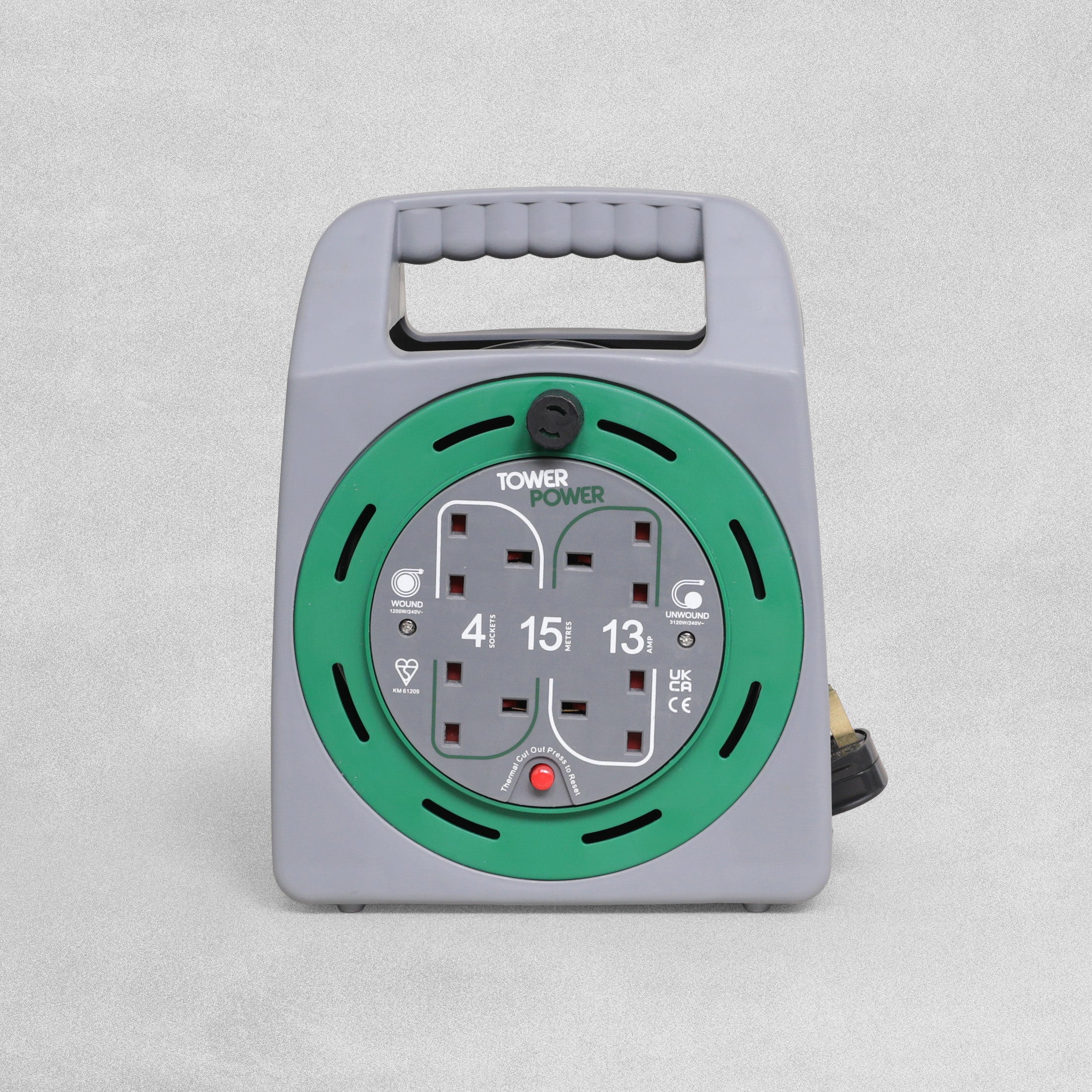 Tower Power 4 Socket 13 Amp Cable Reel Case with Thermal Safety Cut Ou