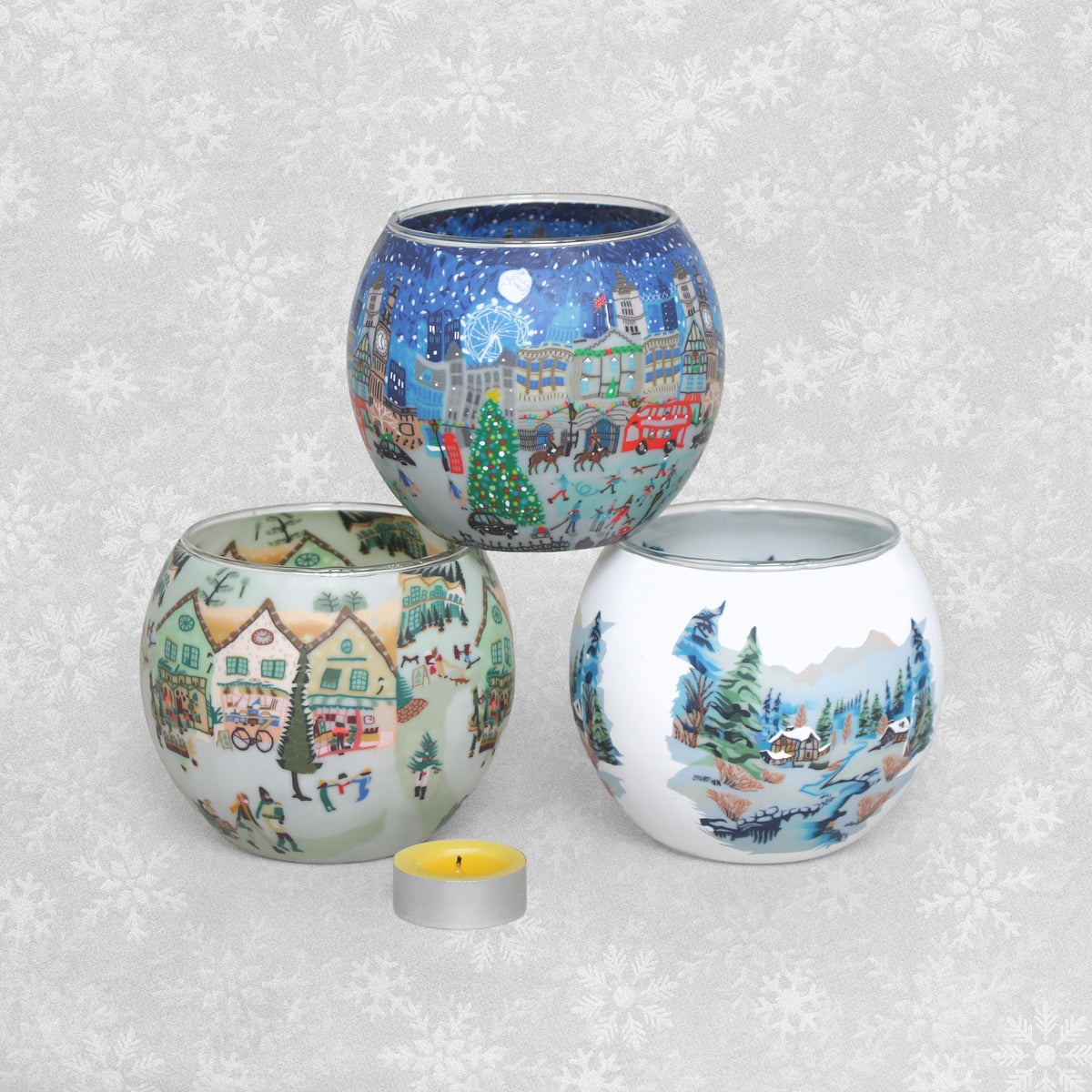 Christmas Scenes Glass Tealight Candle Holders - Various designs