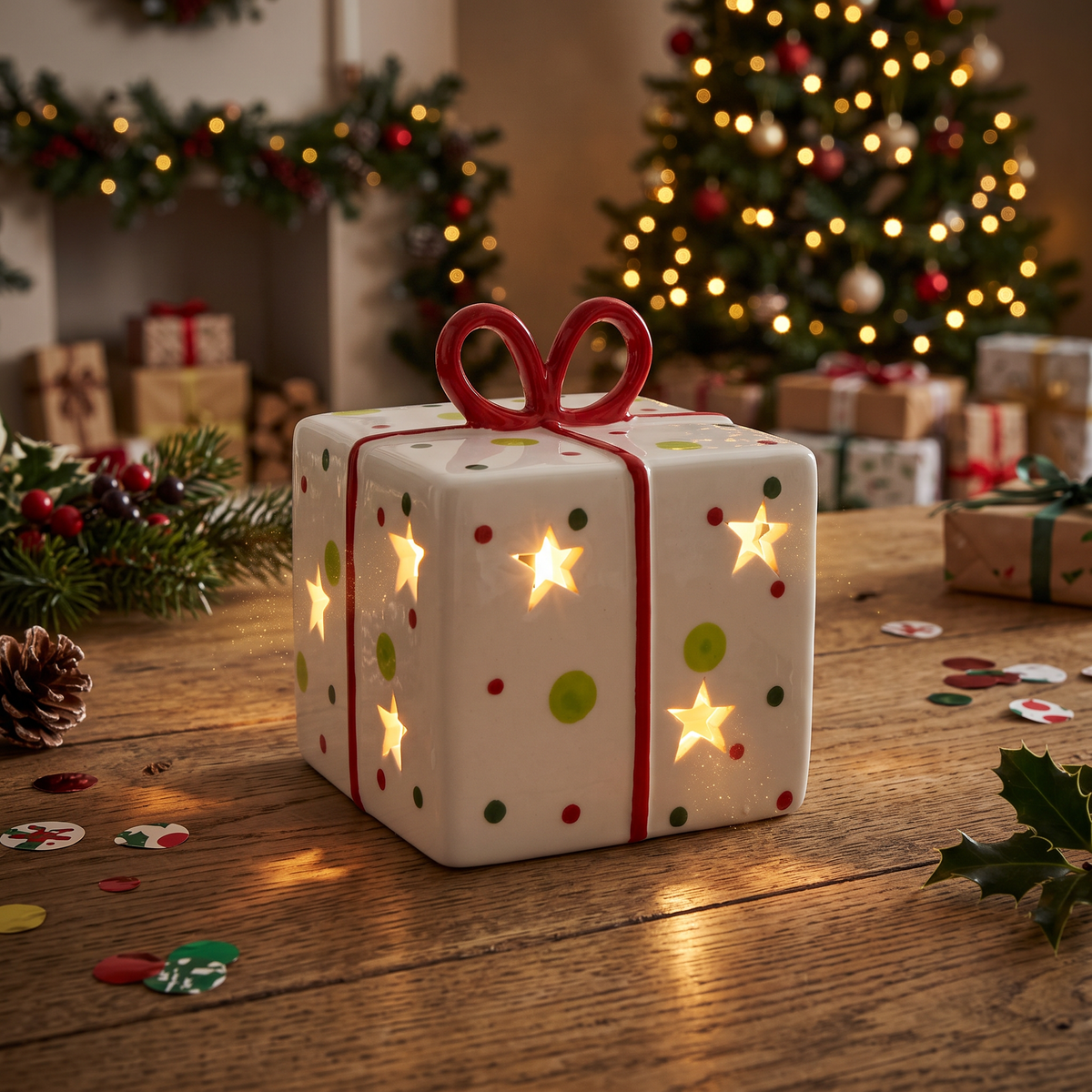 Ceramic Christmas Present LED Light Up Ornament