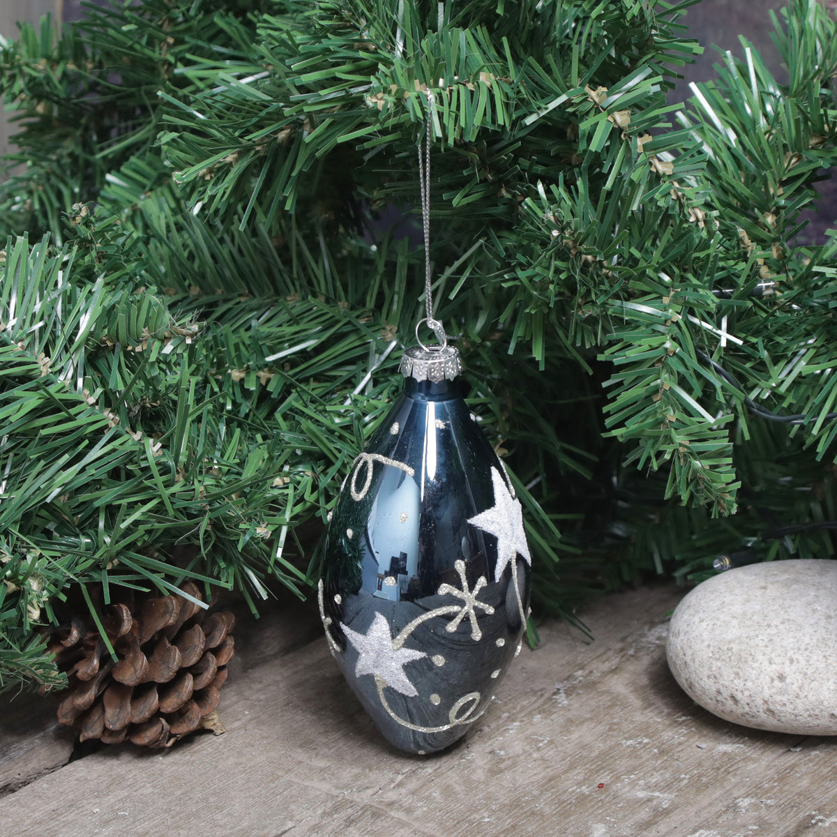 Midnight Blue Glass Baubles with Glittering Stars
