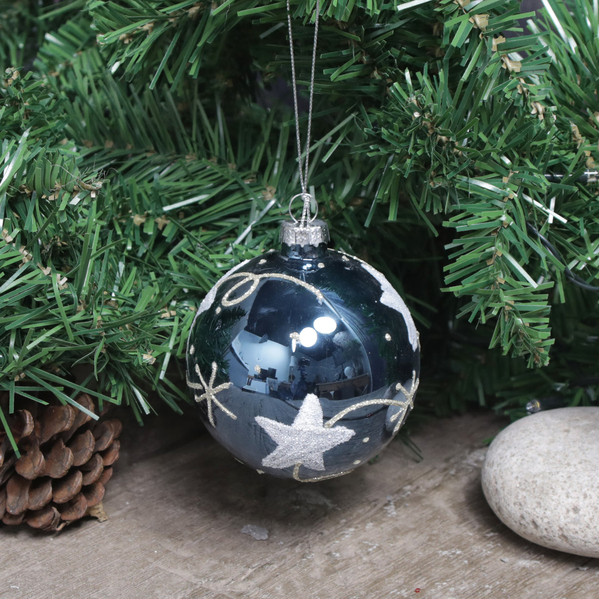 Midnight Blue Glass Baubles with Glittering Stars