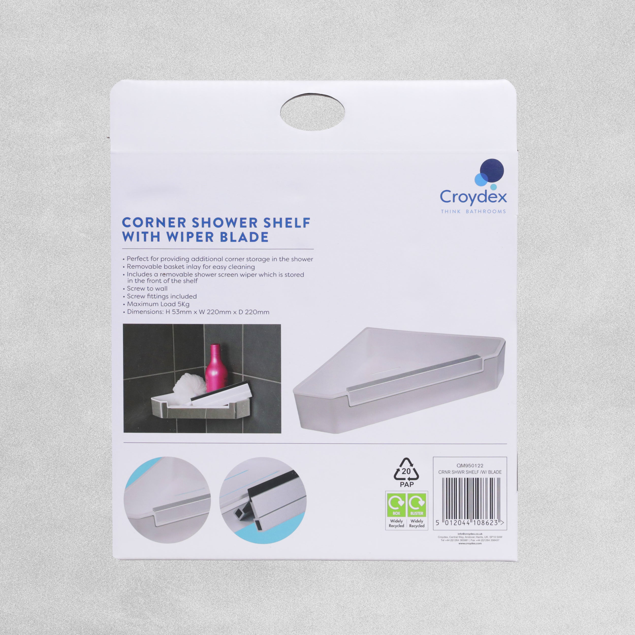 Croydex Corner Shower Shelf with Wiper Blade - White