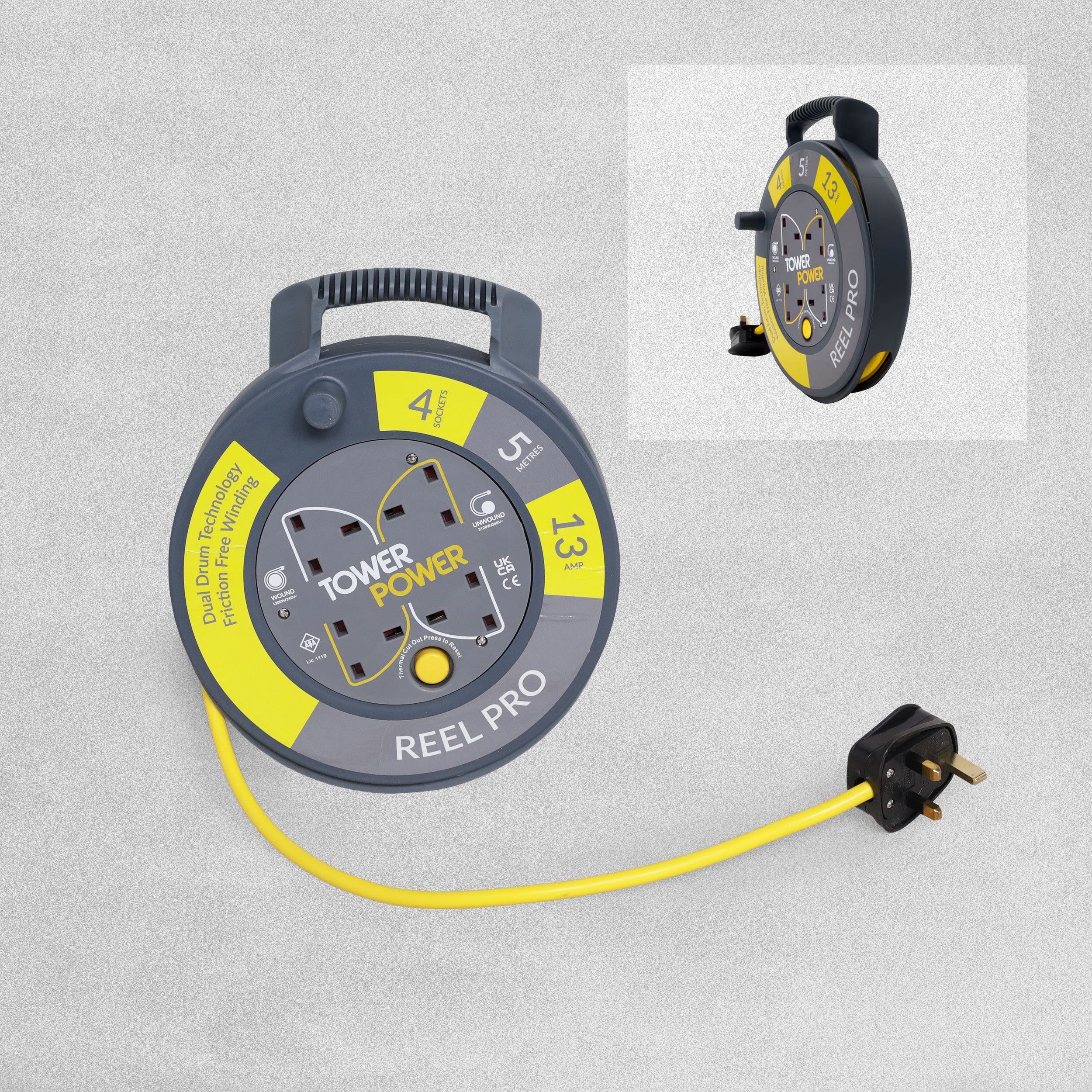 Tower Power Extension Cable Reel 4 Socket 5m 13A Thermal Safety Cut Out